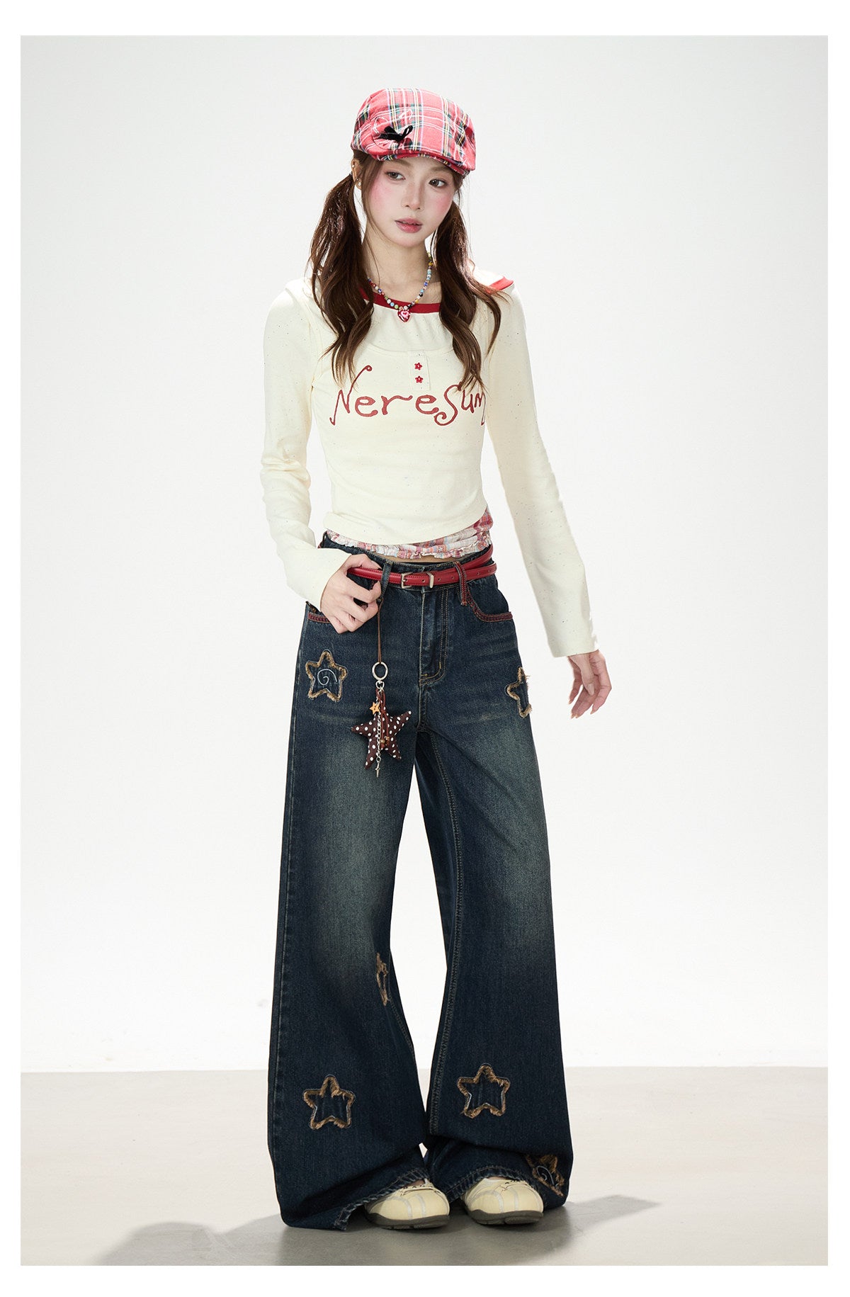 Letter Print Layered Long Sleeve Top & Star Patch Wide-Leg Jeans