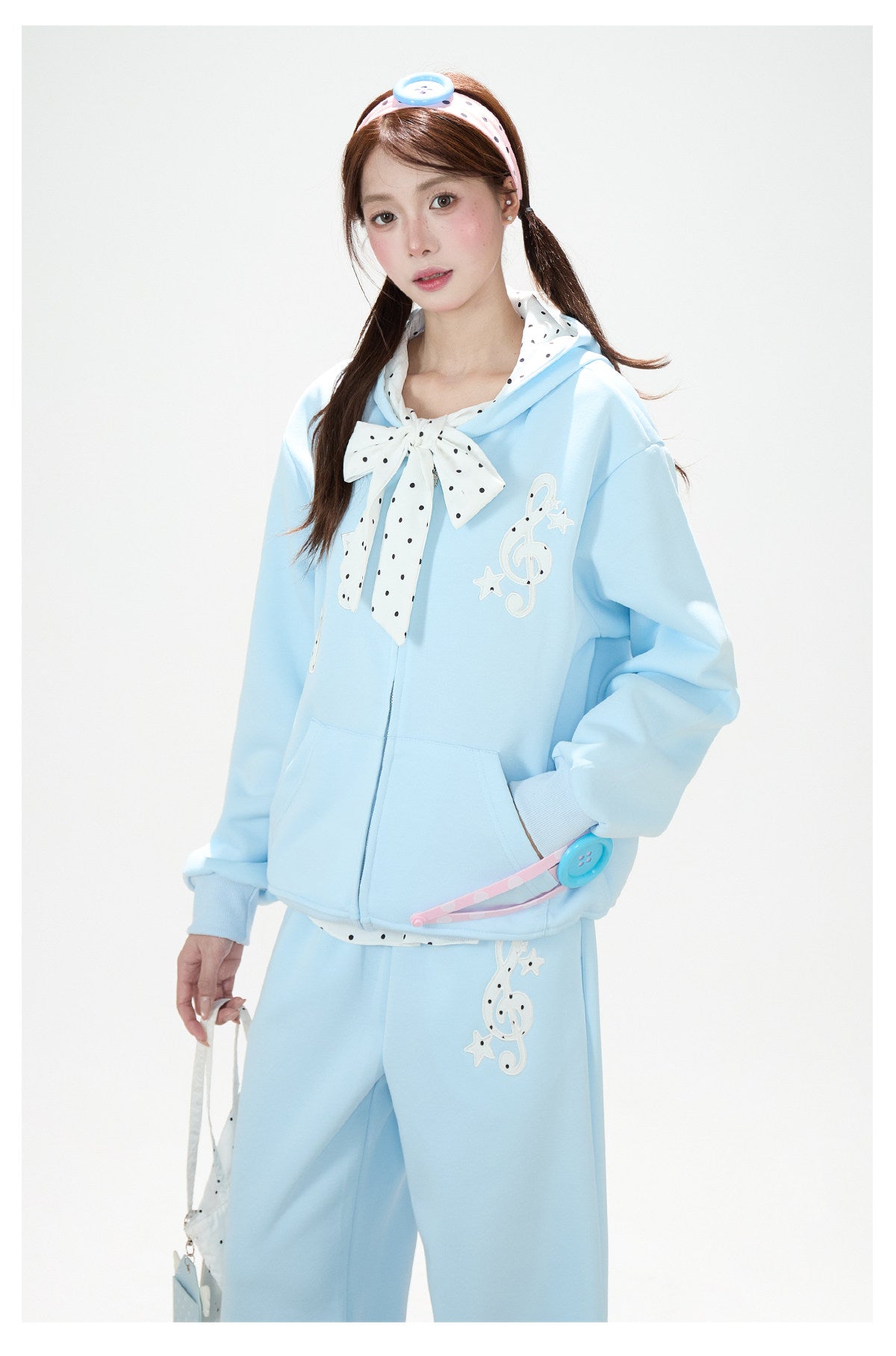 Music Note Polka-Dot Bow Zip-Up Hoodie & Gray Wide-Leg Pants