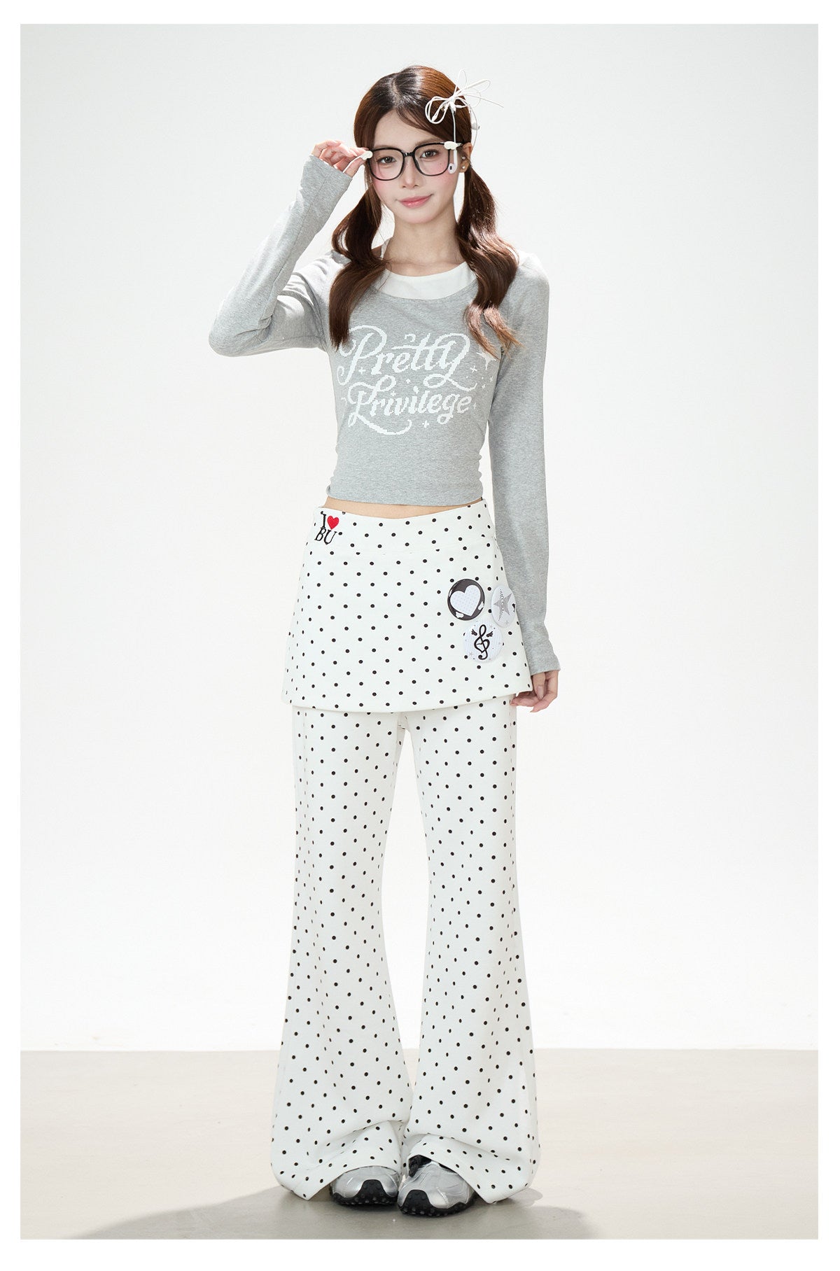 Polka-Dot Skirt-Layer Flared Sweatpants