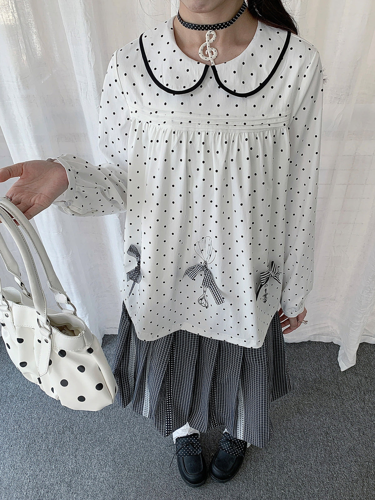 Polka Dot Bow Collar Top & Tiered Maxi Skirt