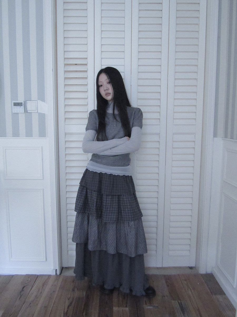 Layered Plaid & Polka Dot Tiered Maxi Skirt