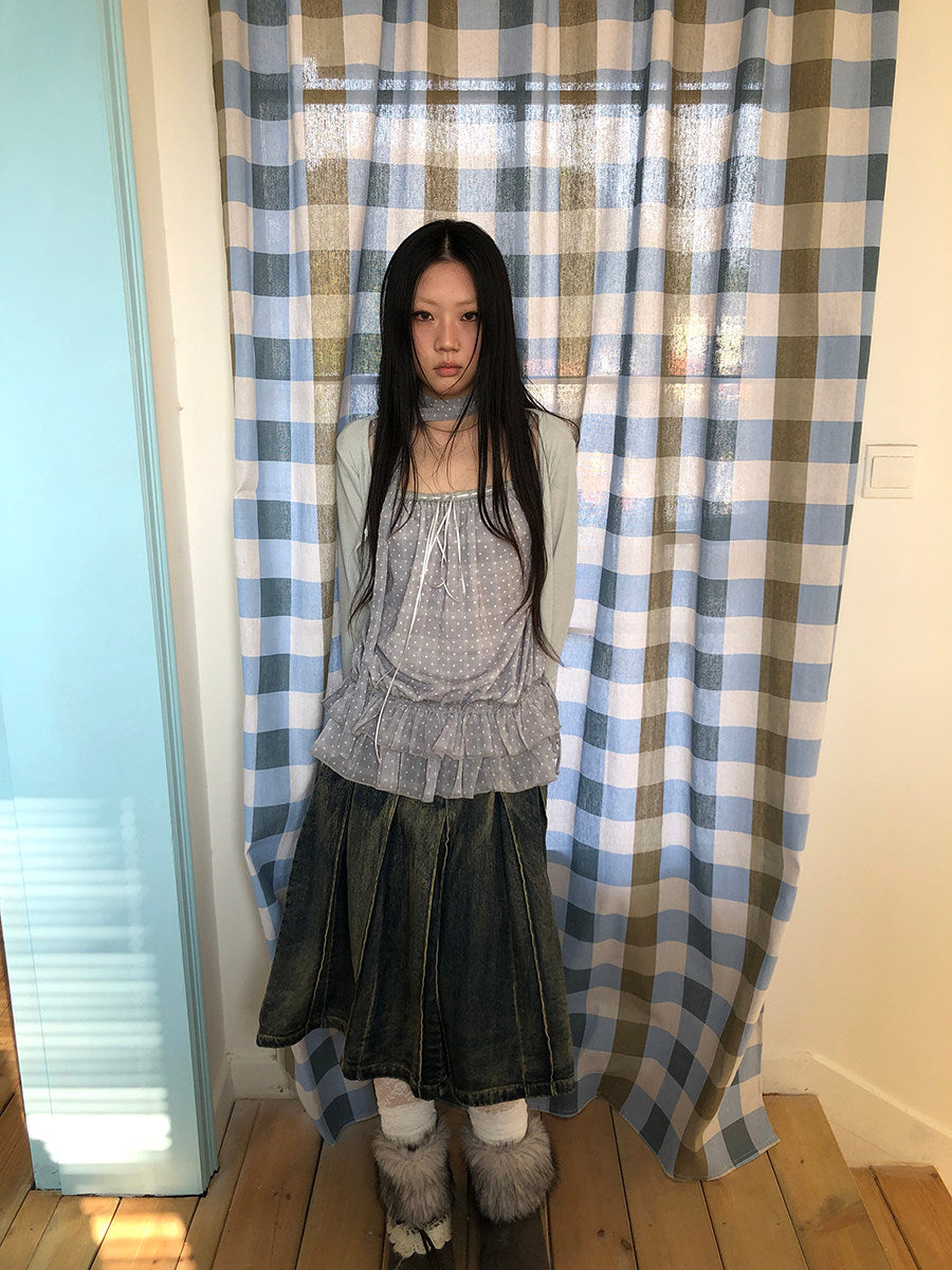 Polka Dot Ruffle Camisole & Cardigan Set with Scarf