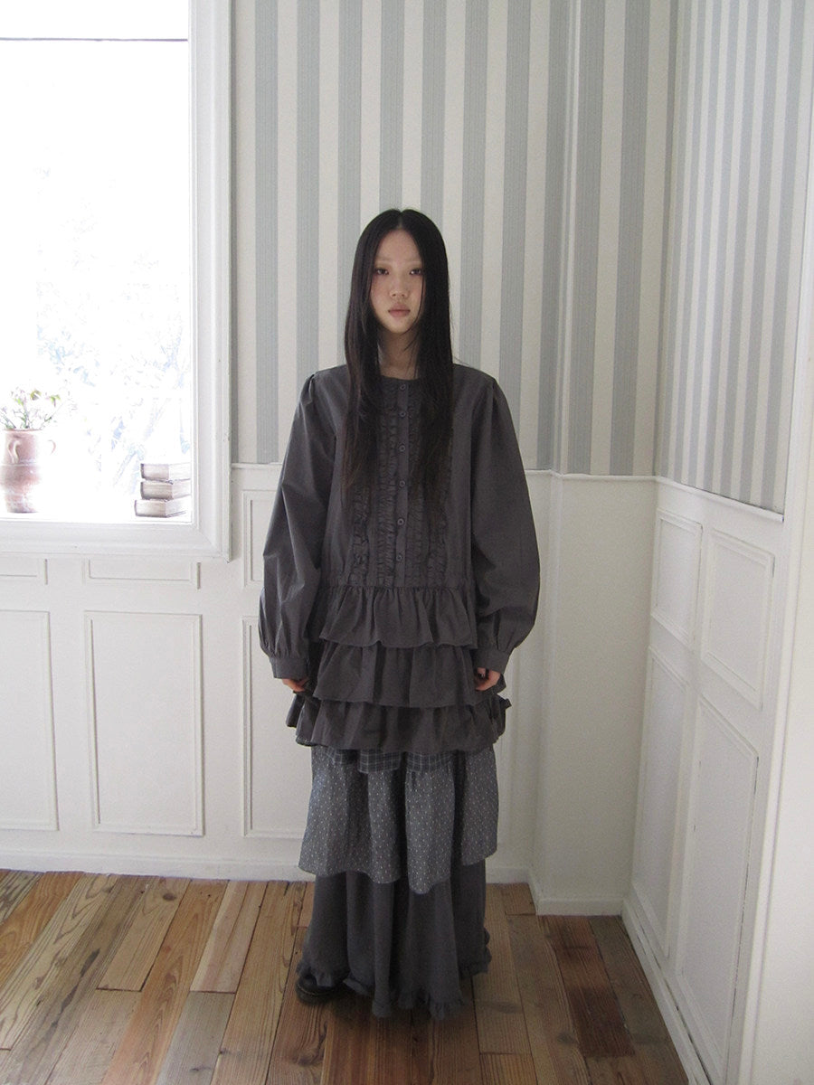 Ruffle-Trim Button Tiered Long Sleeve Tunic Top