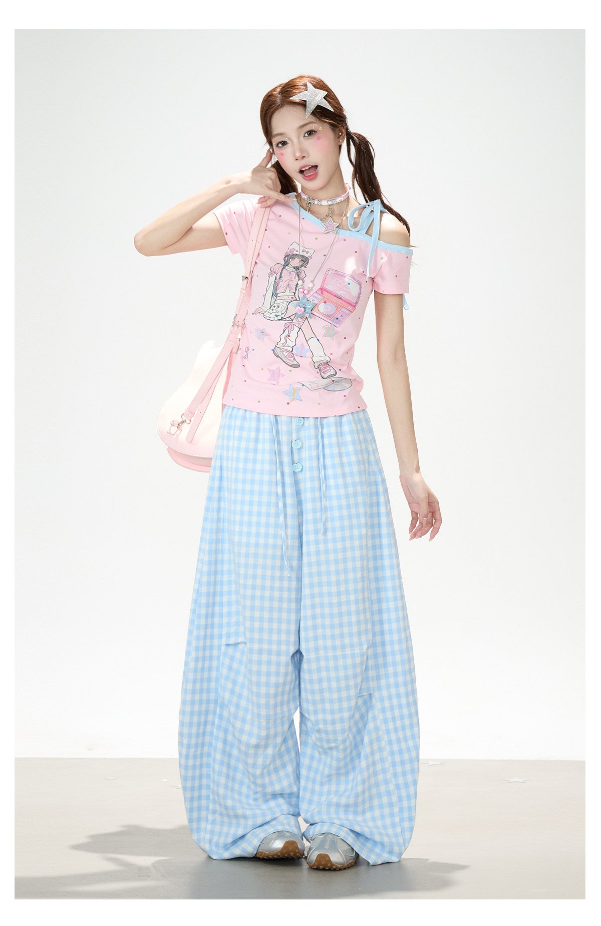 Gingham Oversized Wide-Leg Cargo Pants