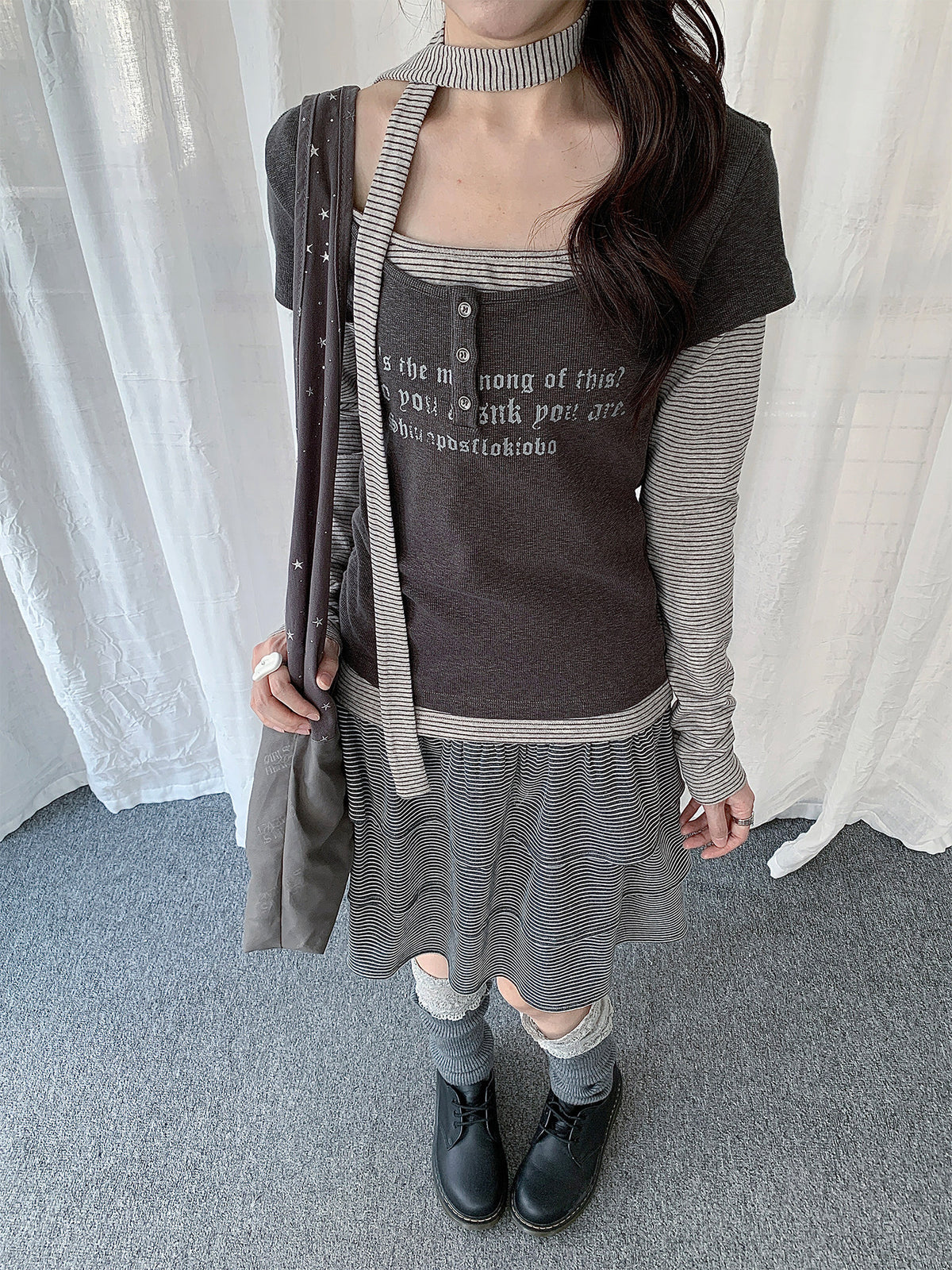 Graphic Layered Henley Long Sleeve Top with Neck Tie