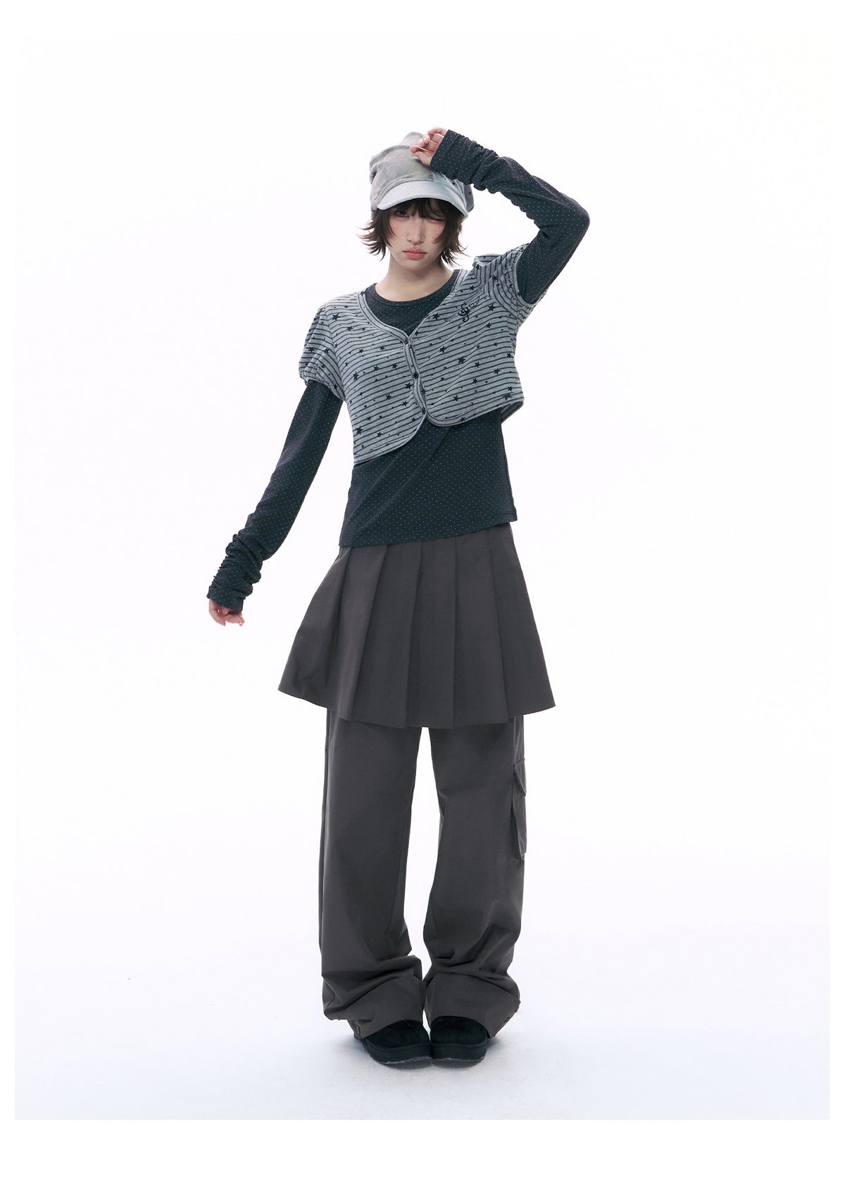 Pleated Skirt-Overlay Cargo Wide-Leg Pants