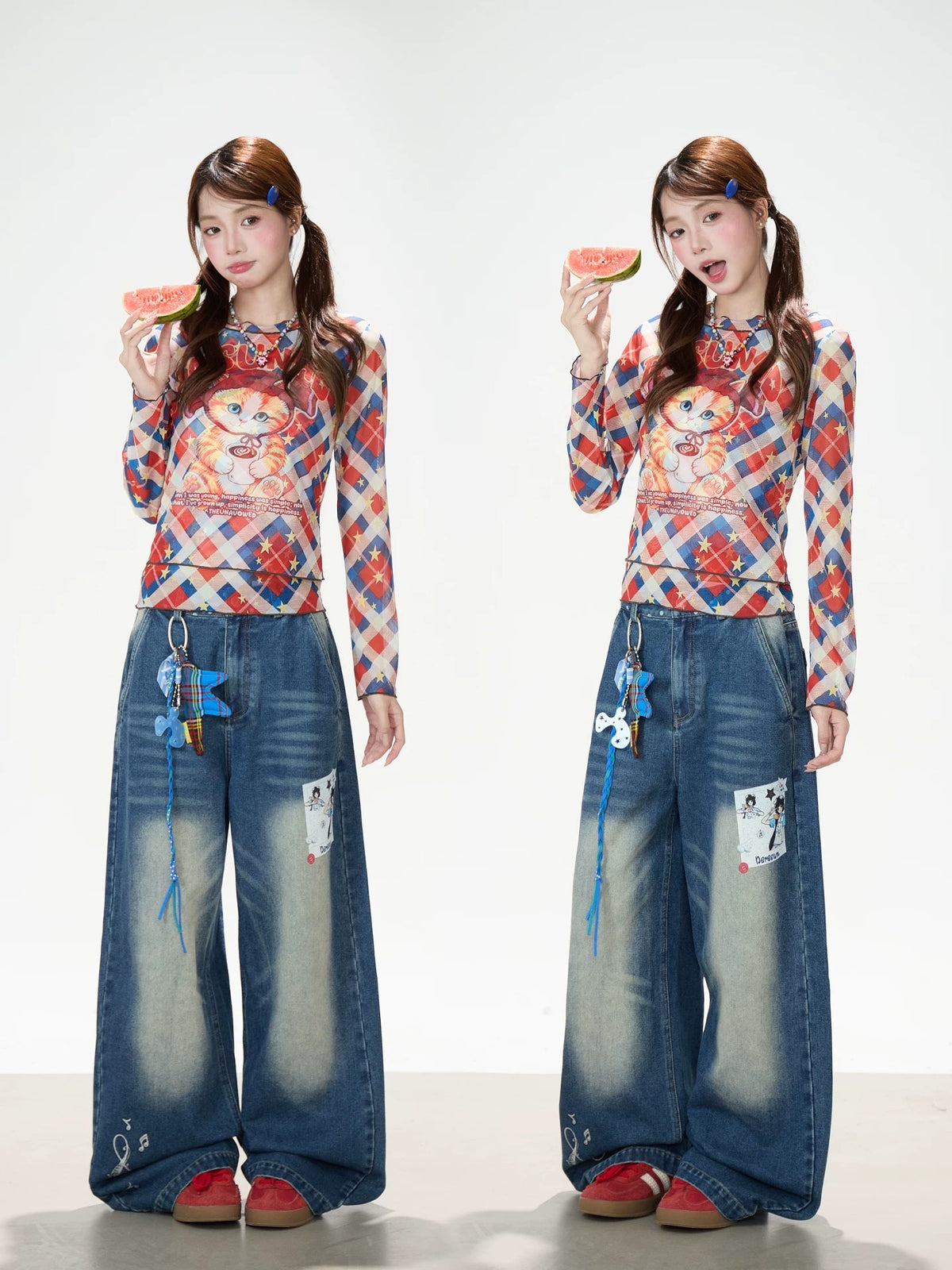 Cartoon Patch Washed Wide-Leg Jeans