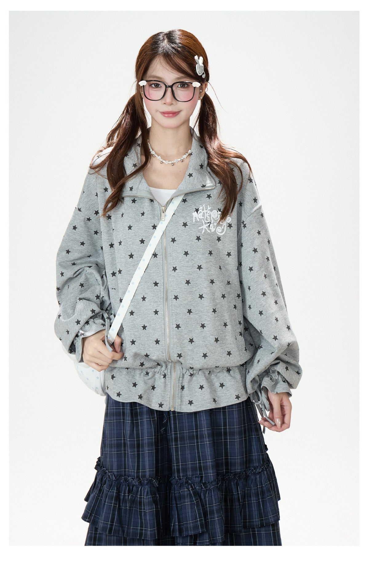 Allover Star Zip-Up Sweatshirt Jacket & Blue Plaid Tiered Midi Skirt