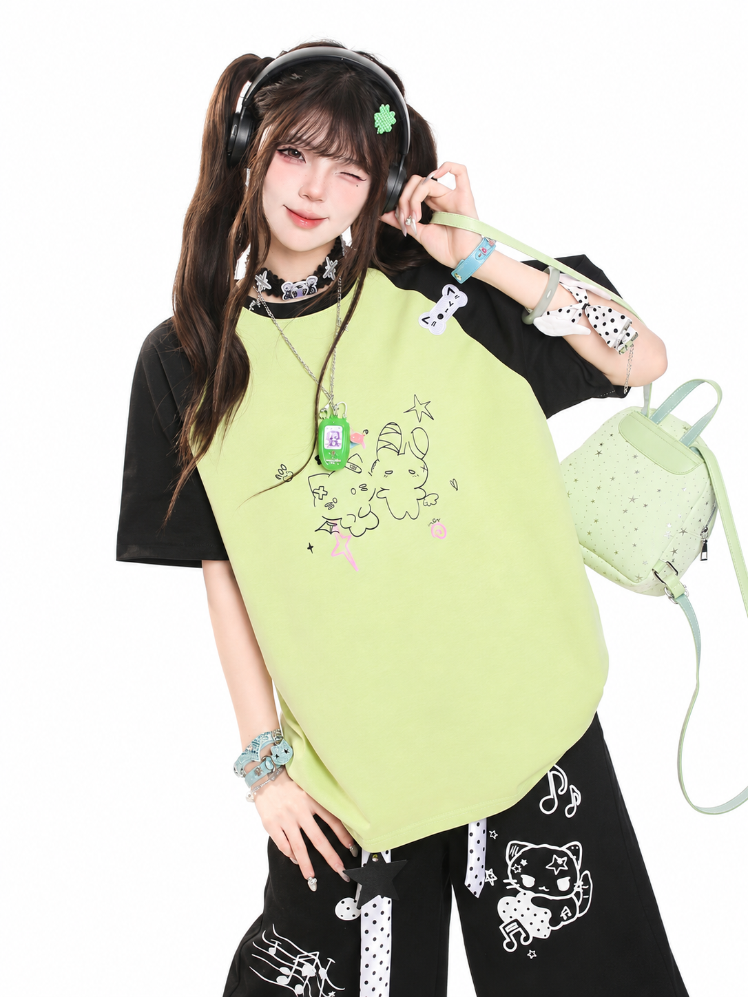 Kitty Sketch Colorblock Raglan Oversized Tee