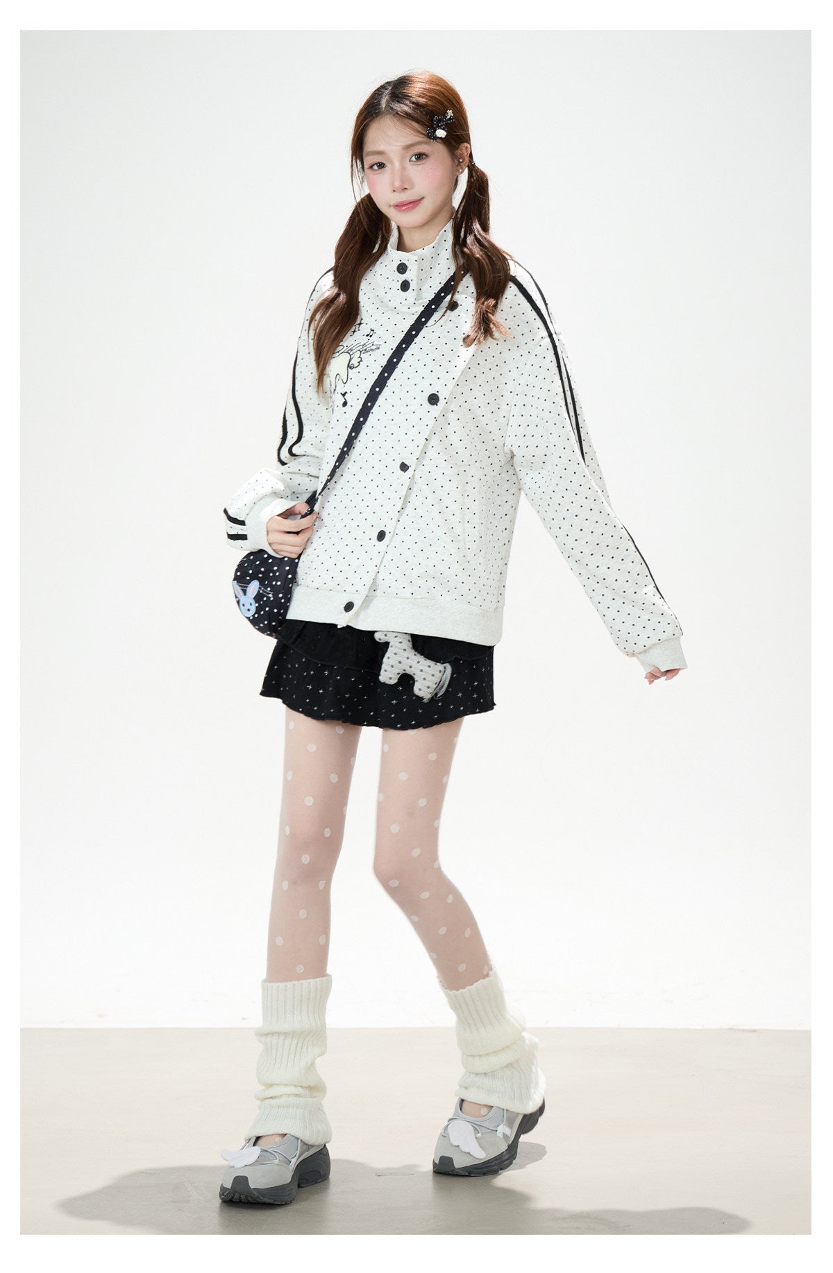Polka-Dot Stripe Asymmetric Button Jacket & Star Print Shorts