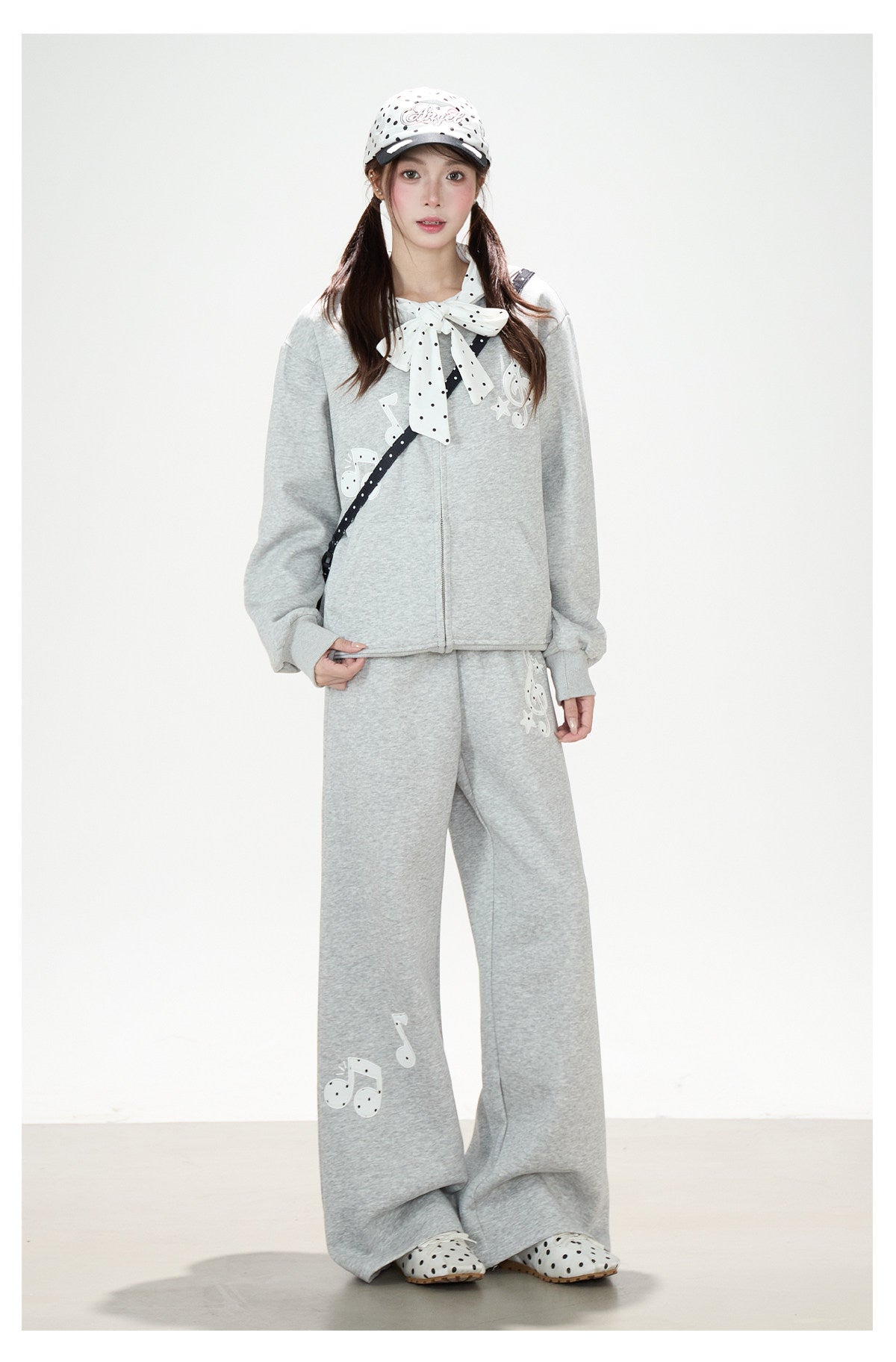 Music Note Polka-Dot Bow Zip-Up Hoodie & Gray Wide-Leg Pants