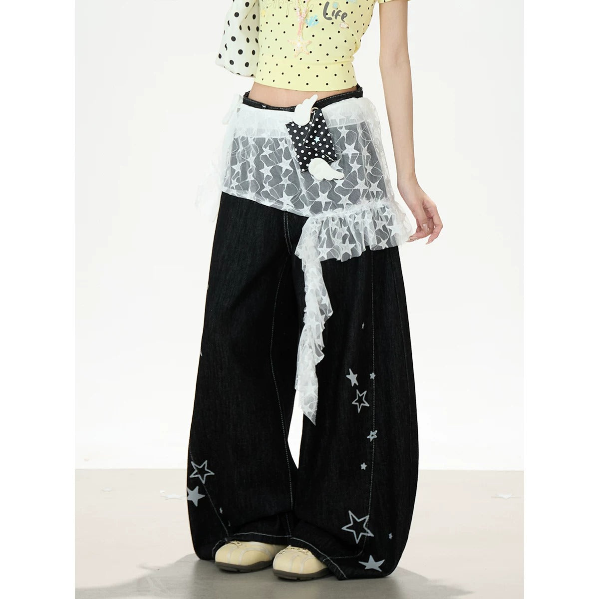 Star Print Lace Layered Wide-Leg Jeans