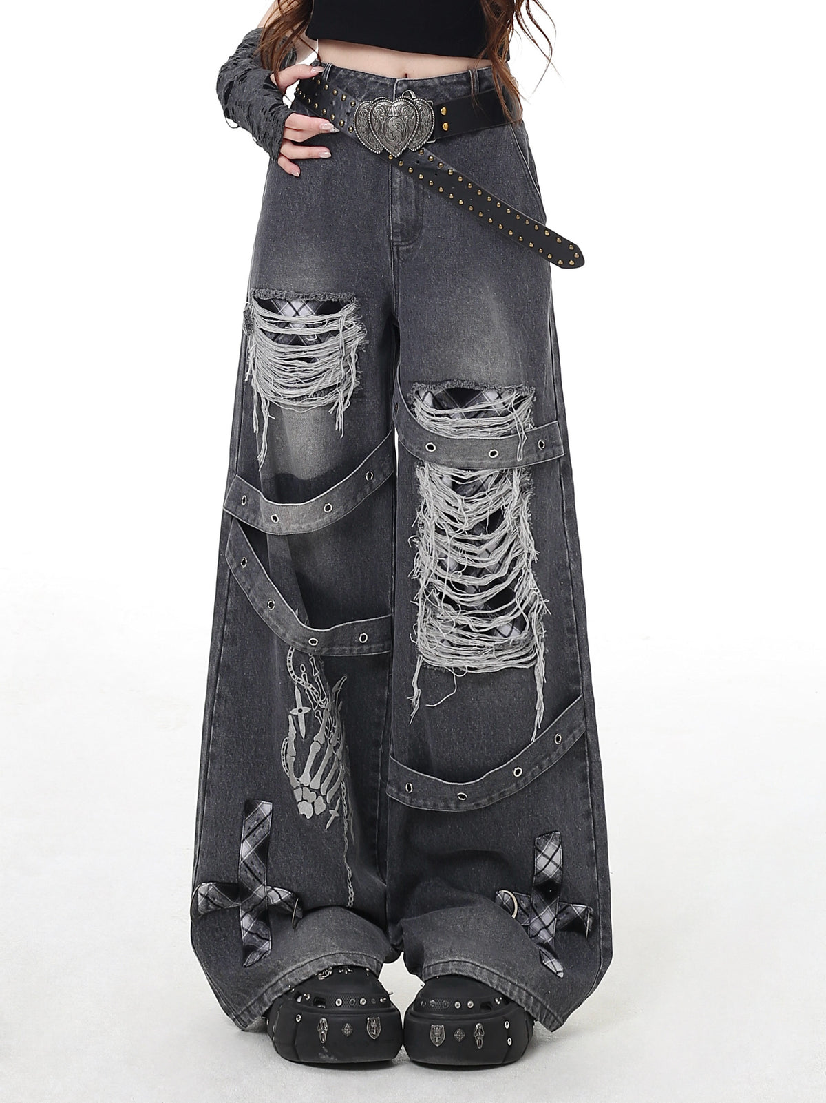 Skeleton Hand Distressed Strap Wide-Leg Jeans