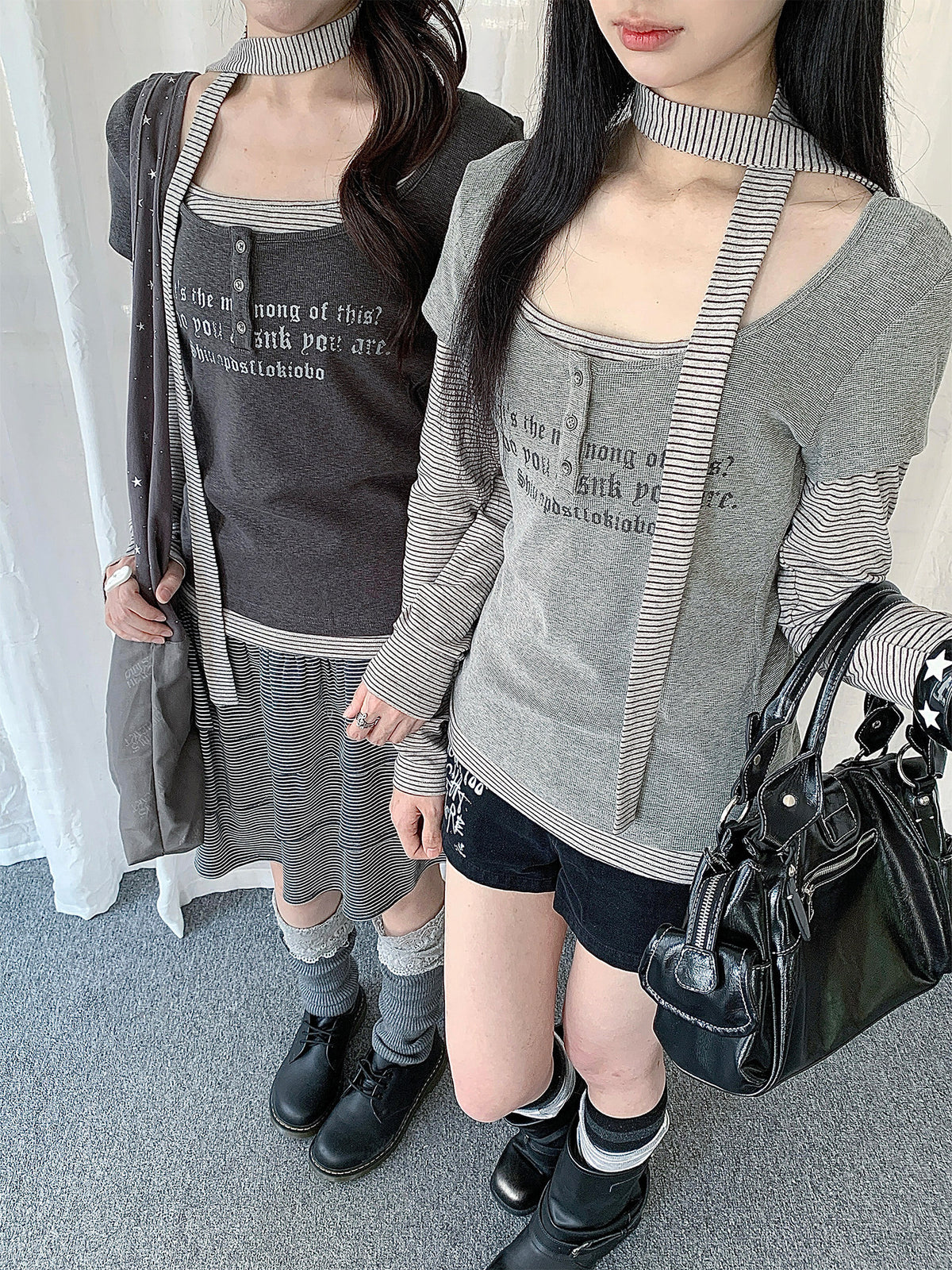 Graphic Layered Henley Long Sleeve Top with Neck Tie