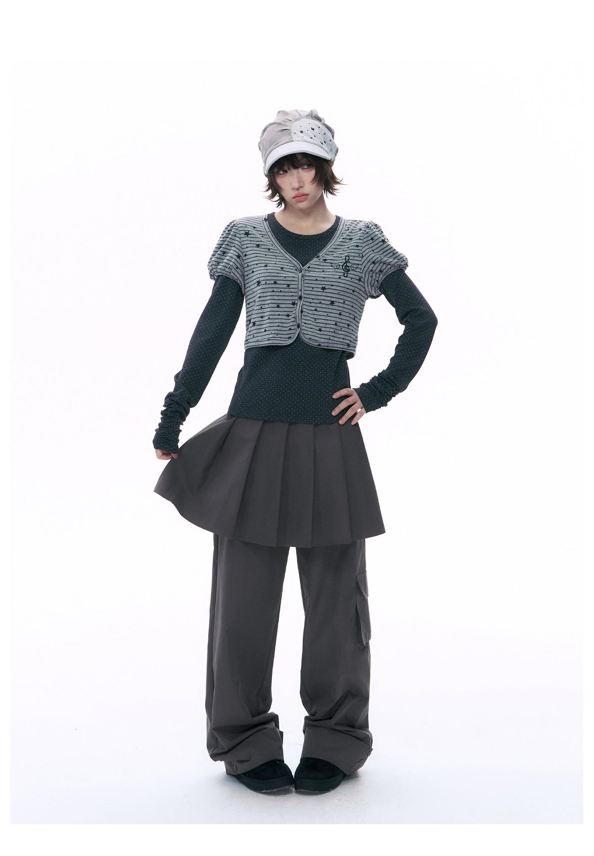 Pleated Skirt-Overlay Cargo Wide-Leg Pants