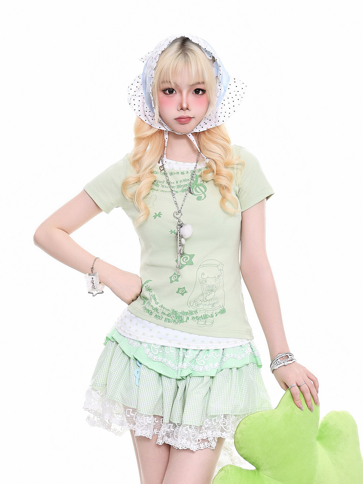 Polka Dot Faux Layered Graphic Tee & Music Lace Gingham Mini Skirt