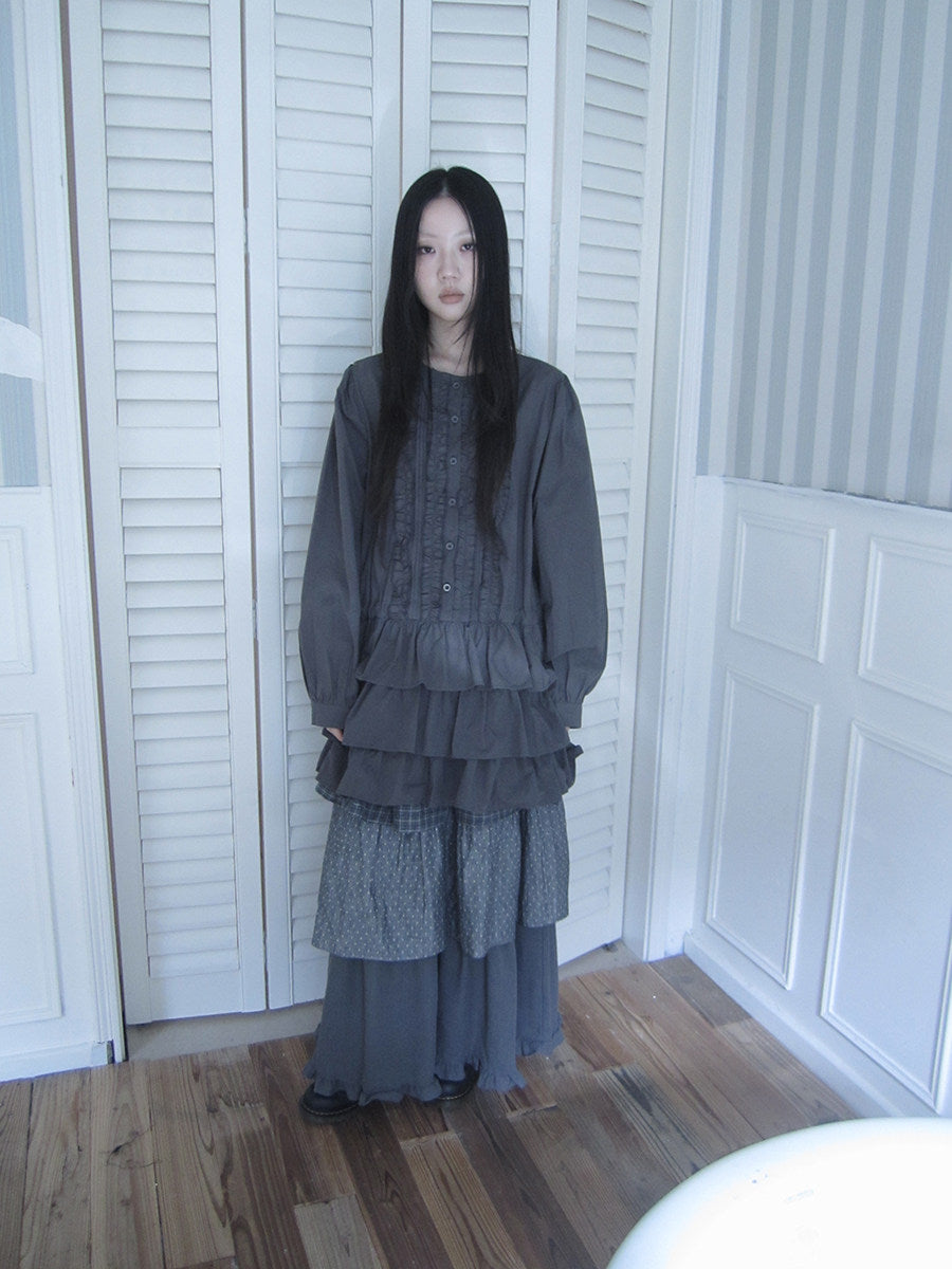 Ruffle-Trim Button Tiered Long Sleeve Tunic Top