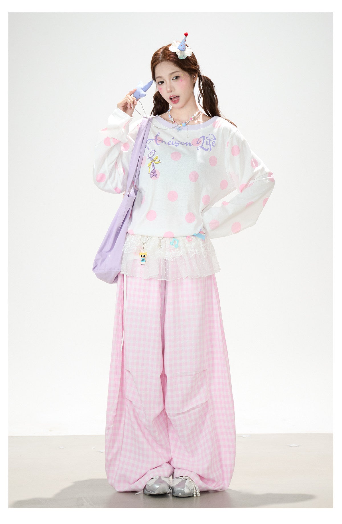 Gingham Oversized Wide-Leg Cargo Pants