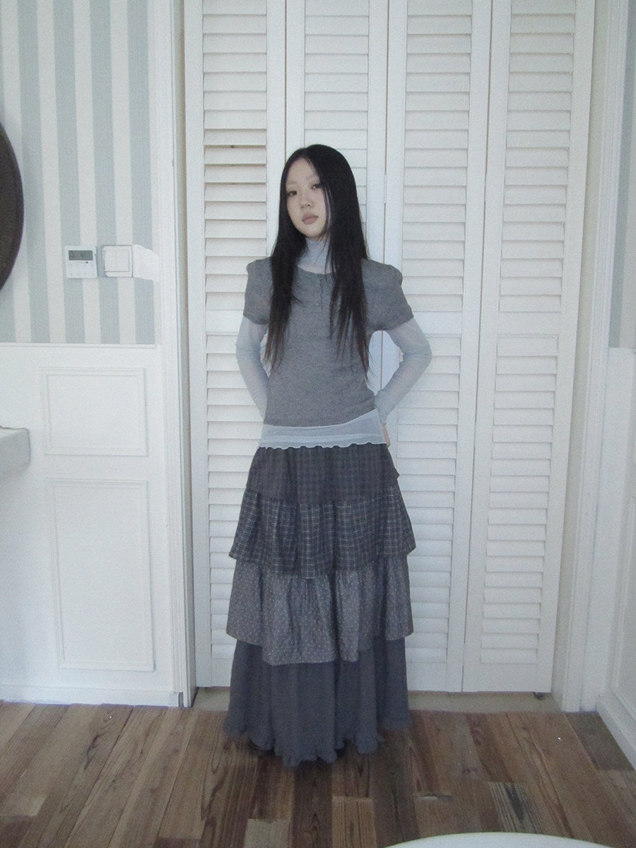 Layered Plaid & Polka Dot Tiered Maxi Skirt