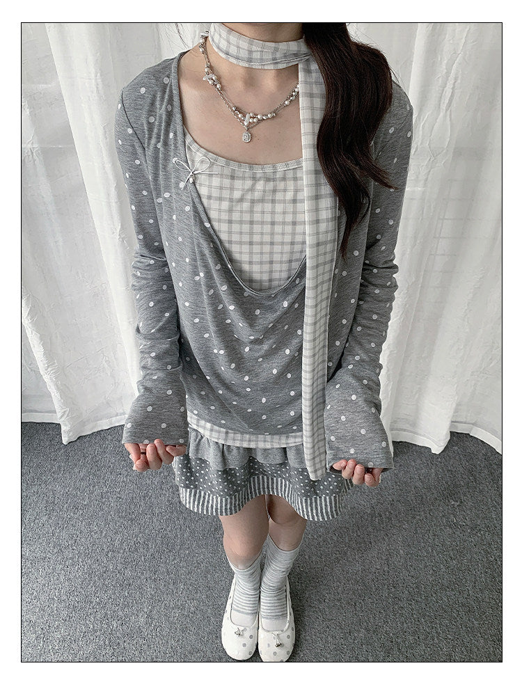 Polka Dot Plaid Scarf Layered Long Sleeve Top