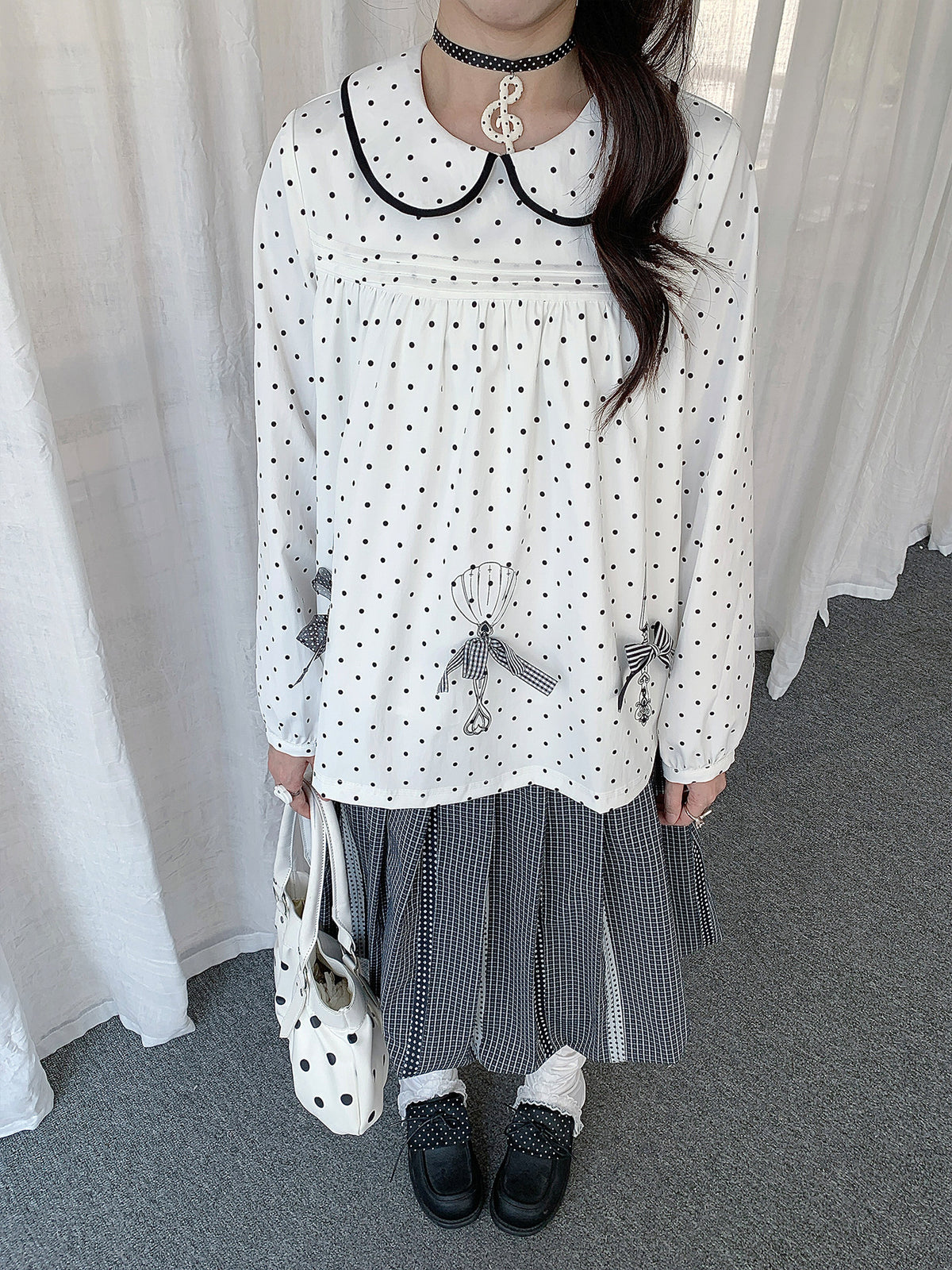Polka Dot Bow Collar Top & Tiered Maxi Skirt