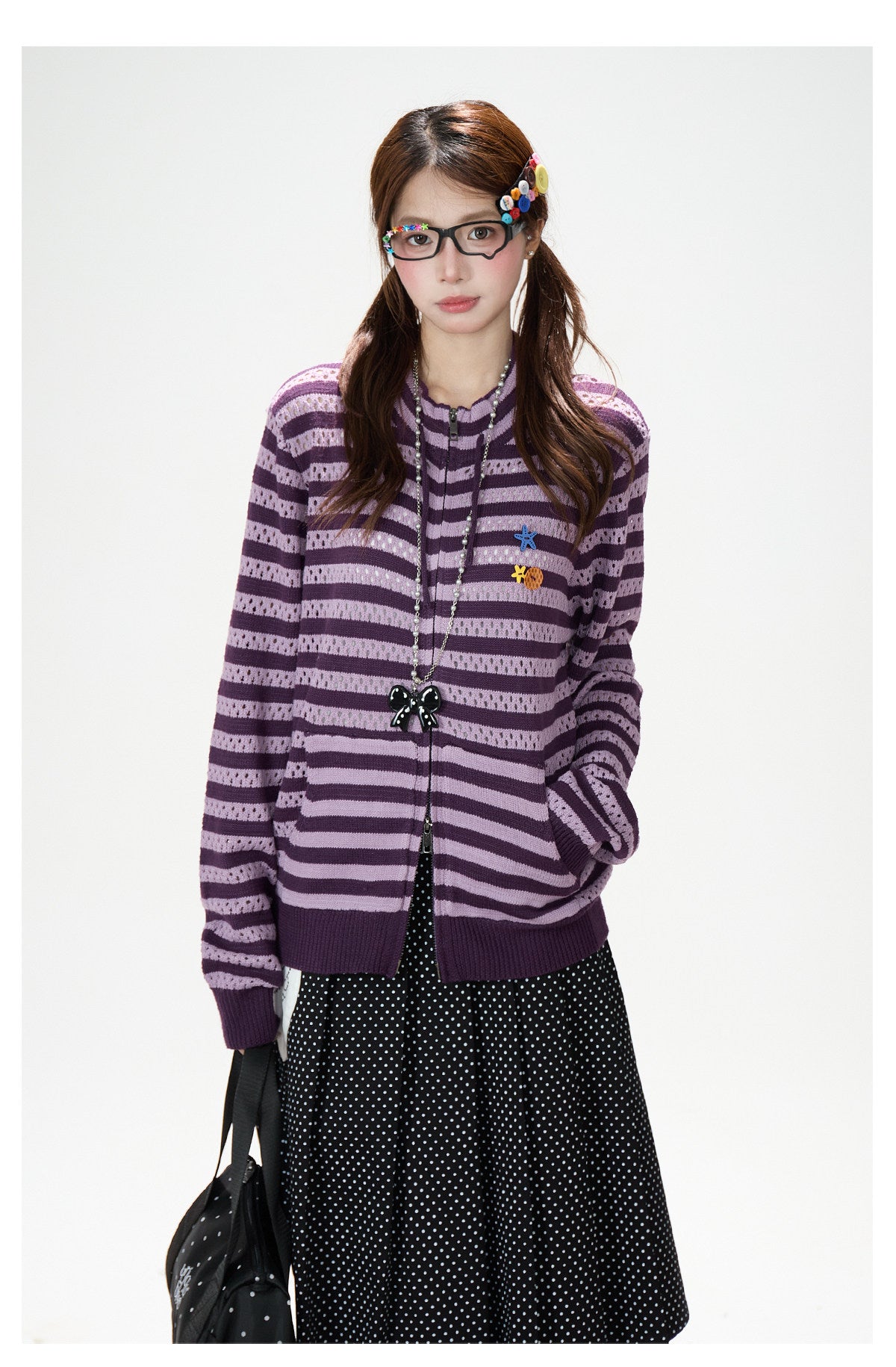 Striped Openwork Knit Cardigan & Black Polka-Dot Pleated Midi Skirt