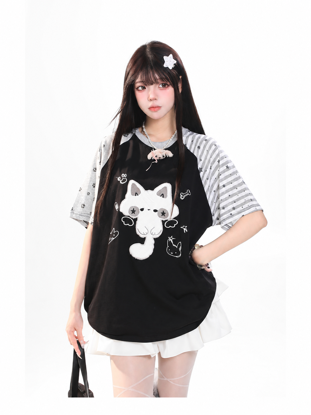 Mismatch Sleeve Kitty Graphic Oversized Tee