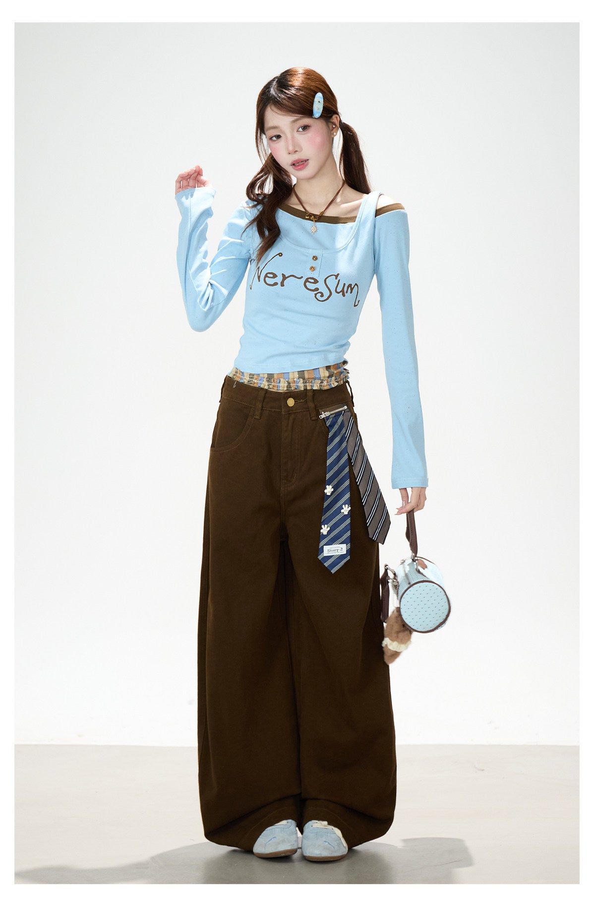Letter Print Layered Long Sleeve Top & Star Patch Wide-Leg Jeans