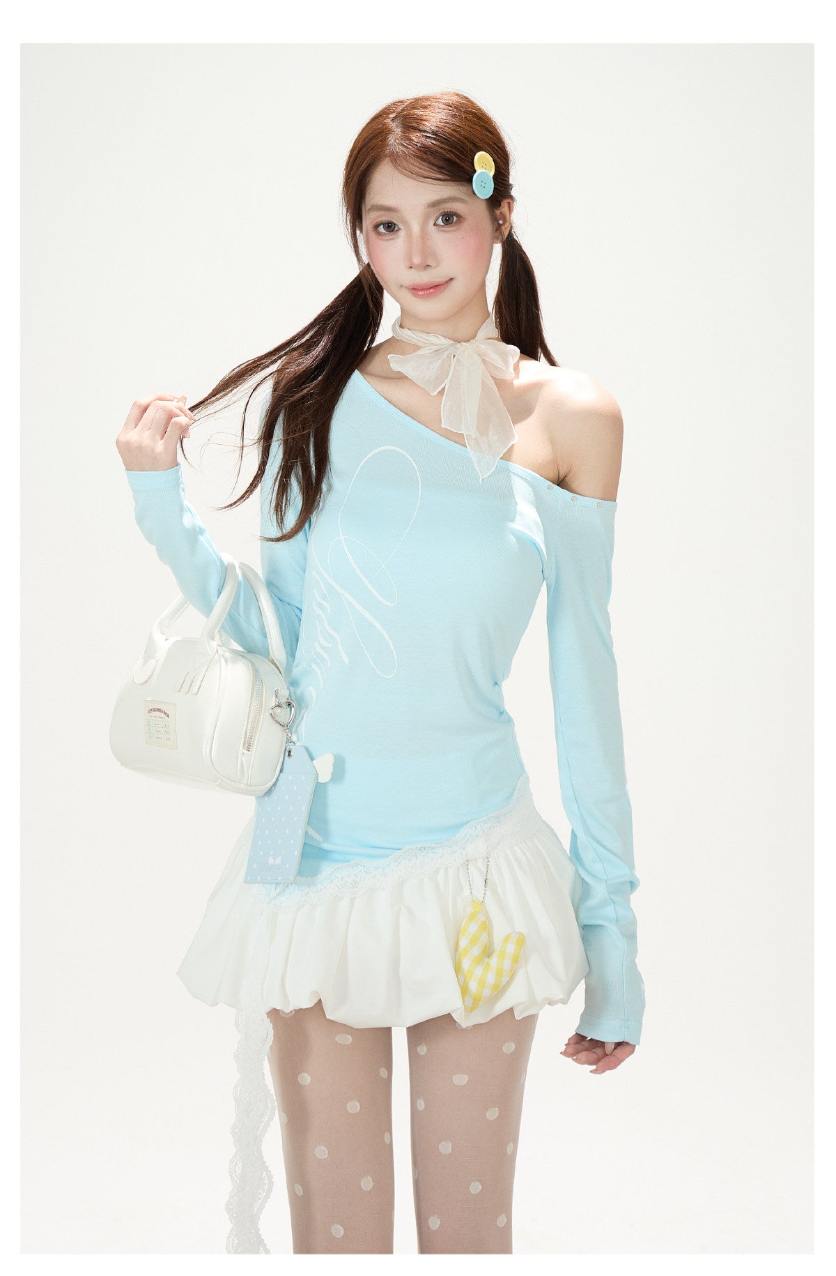 Ballet Ribbon Off-Shoulder Long Sleeve Top & White Ruffle Mini Skirt