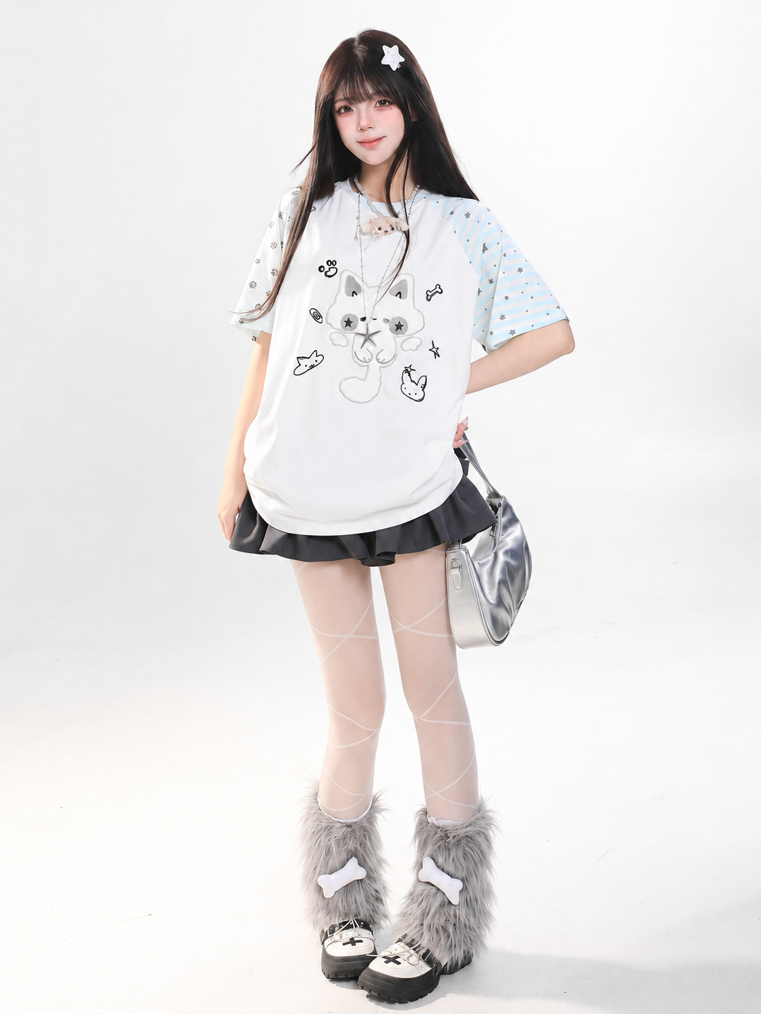 Mismatch Sleeve Kitty Graphic Oversized Tee