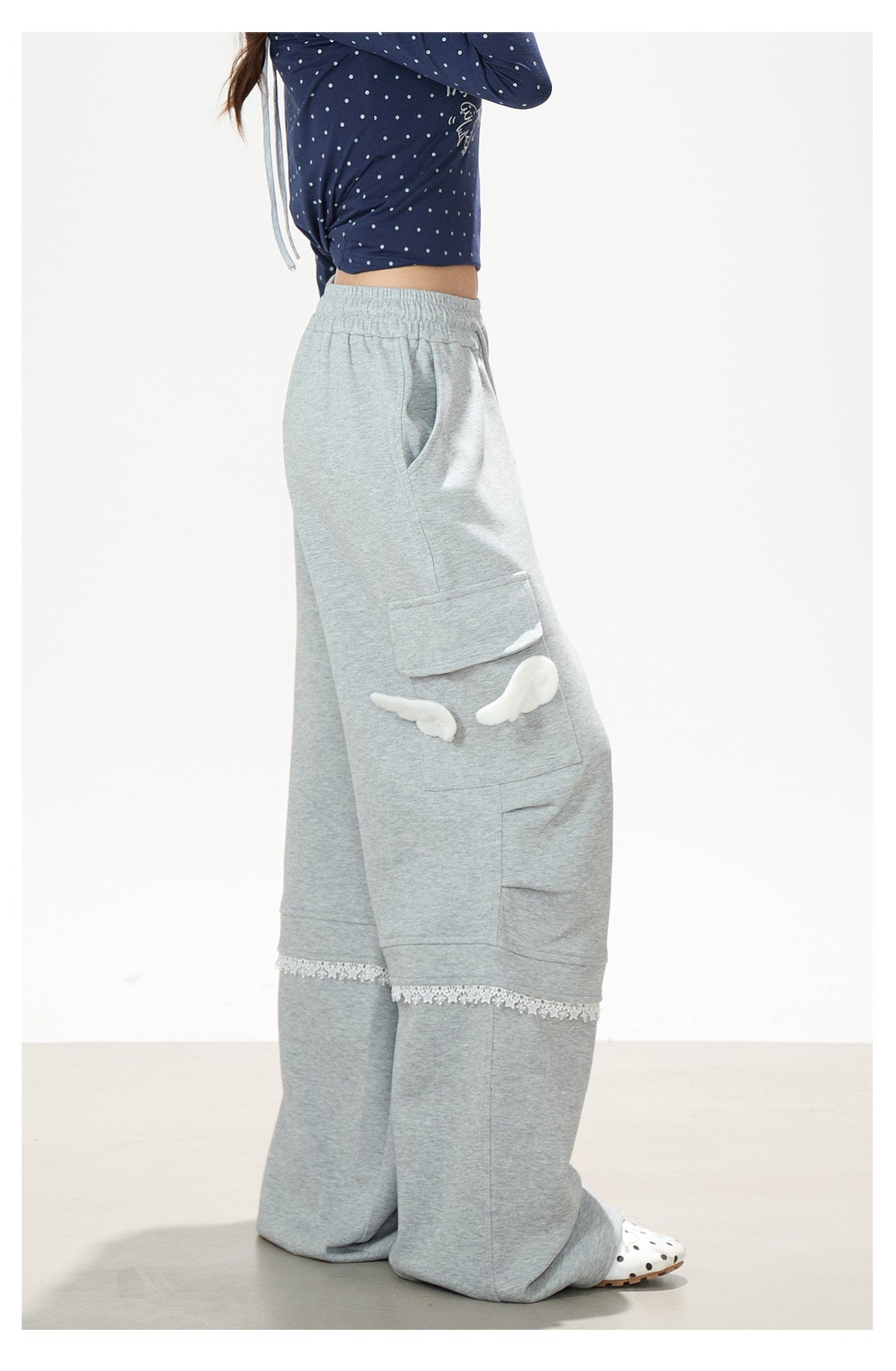 Letter Polka-Dot Off-Shoulder Layered Long Sleeve Top & Cartoon Star Wide-Leg Jeans with Charm