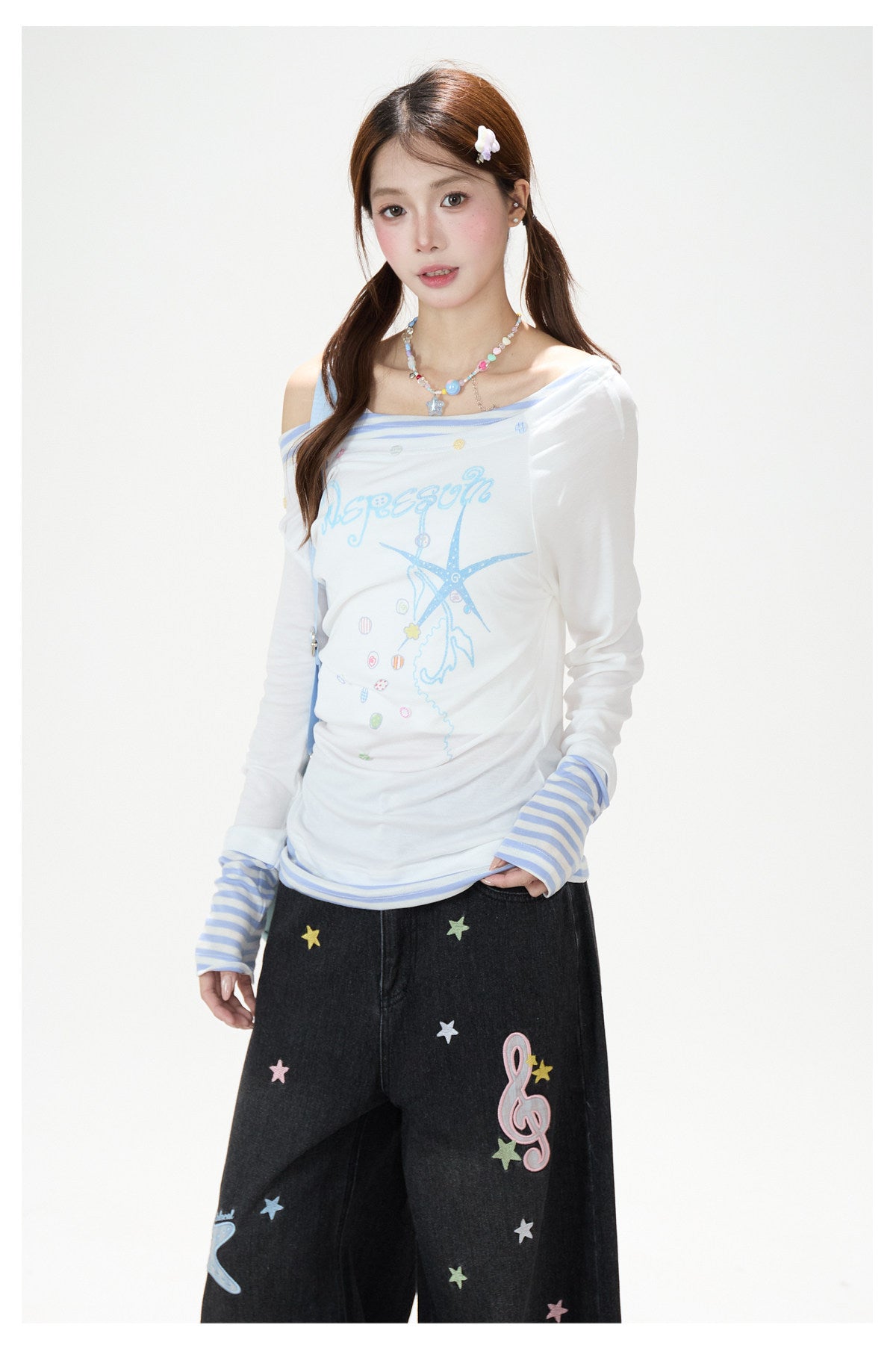 Starfish Off-Shoulder Layered Long Sleeve Top & White Wide-Leg Pants