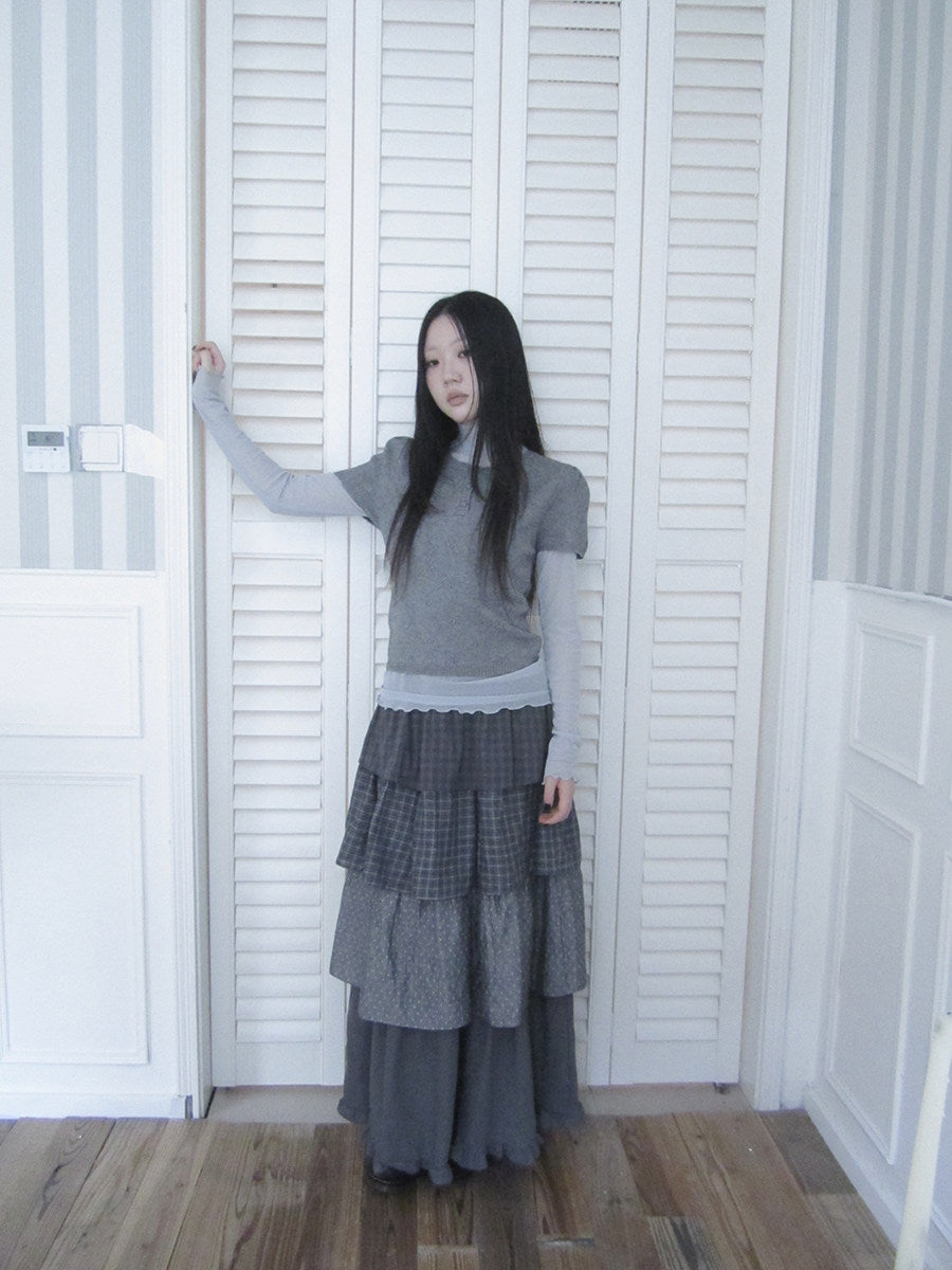 Layered Plaid & Polka Dot Tiered Maxi Skirt