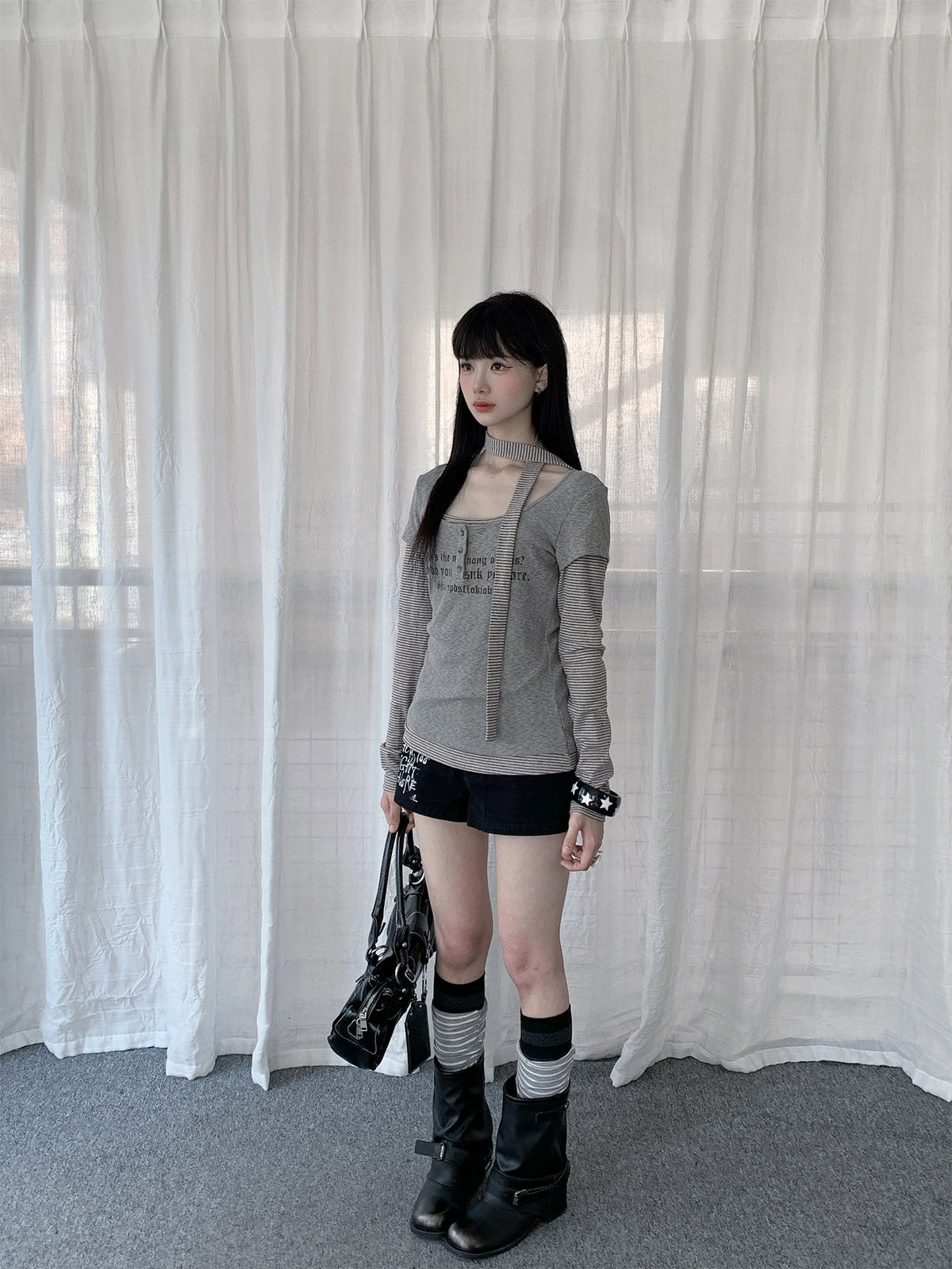 Graphic Layered Henley Long Sleeve Top with Neck Tie