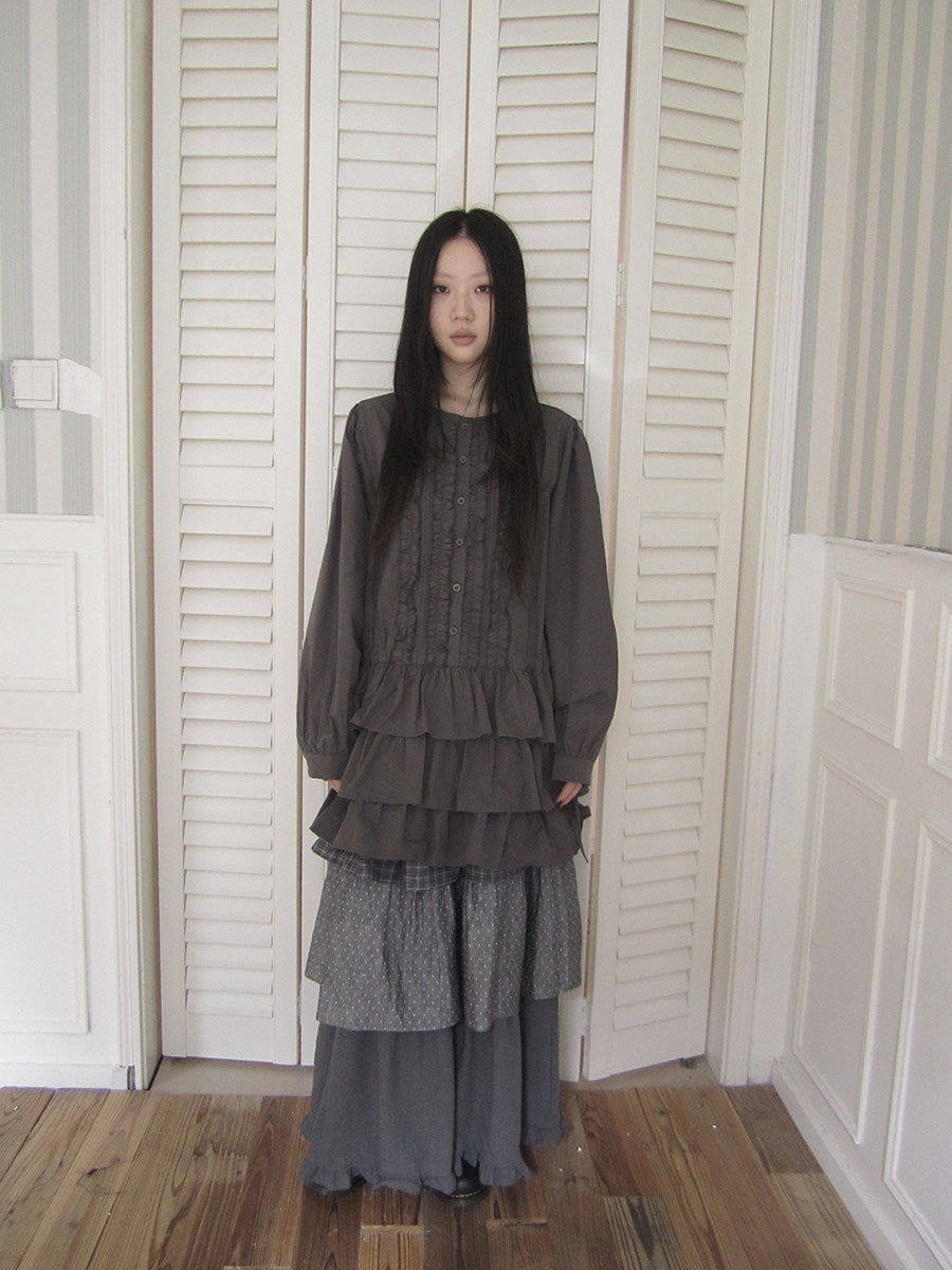 Ruffle-Trim Button Tiered Long Sleeve Tunic Top