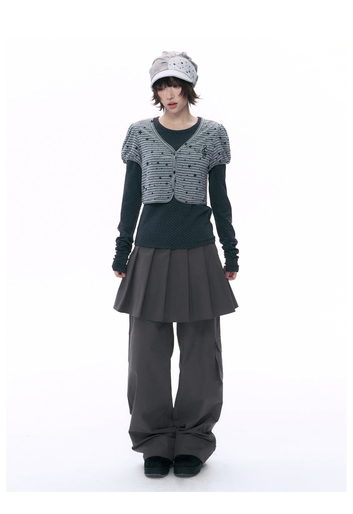 Pleated Skirt-Overlay Cargo Wide-Leg Pants