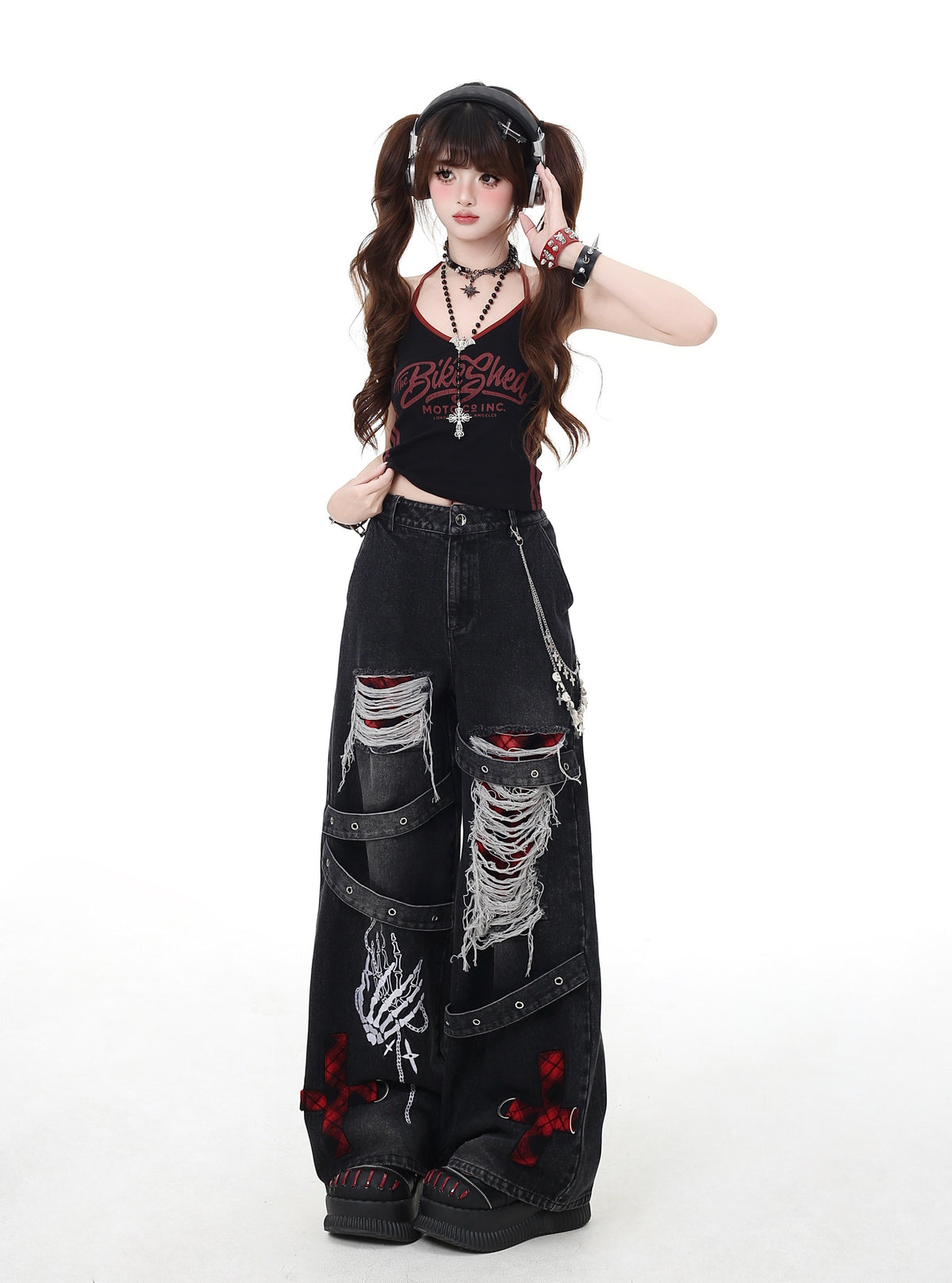 Skeleton Hand Distressed Strap Wide-Leg Jeans