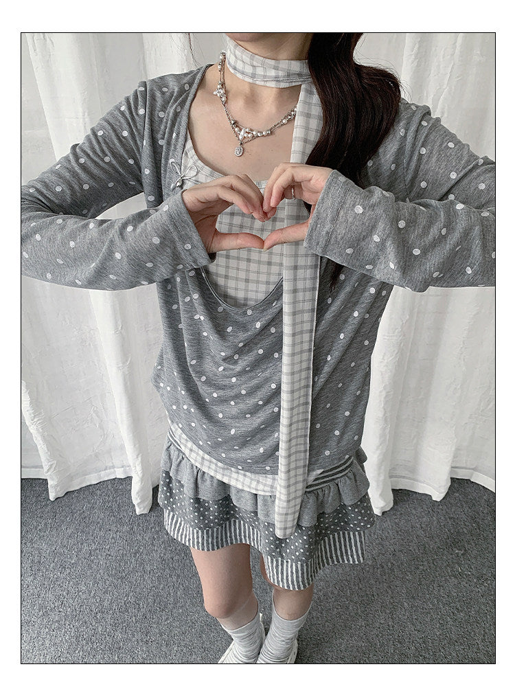 Polka Dot Plaid Scarf Layered Long Sleeve Top