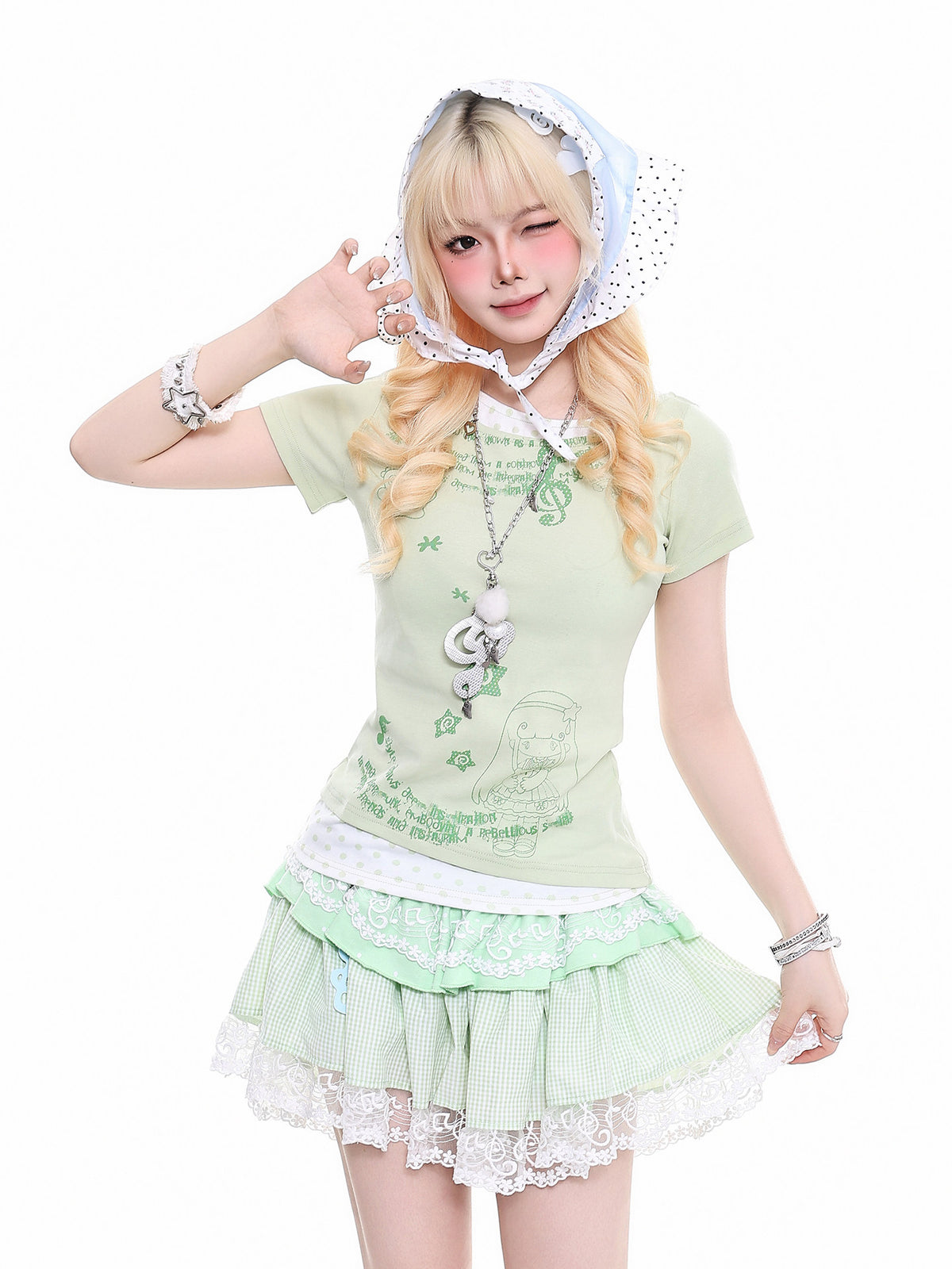 Polka Dot Faux Layered Graphic Tee & Music Lace Gingham Mini Skirt