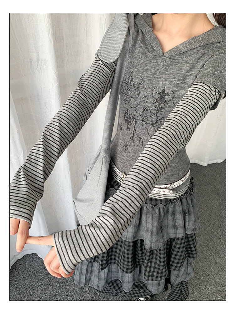 Striped Layered Hooded Graphic Long Sleeve Top