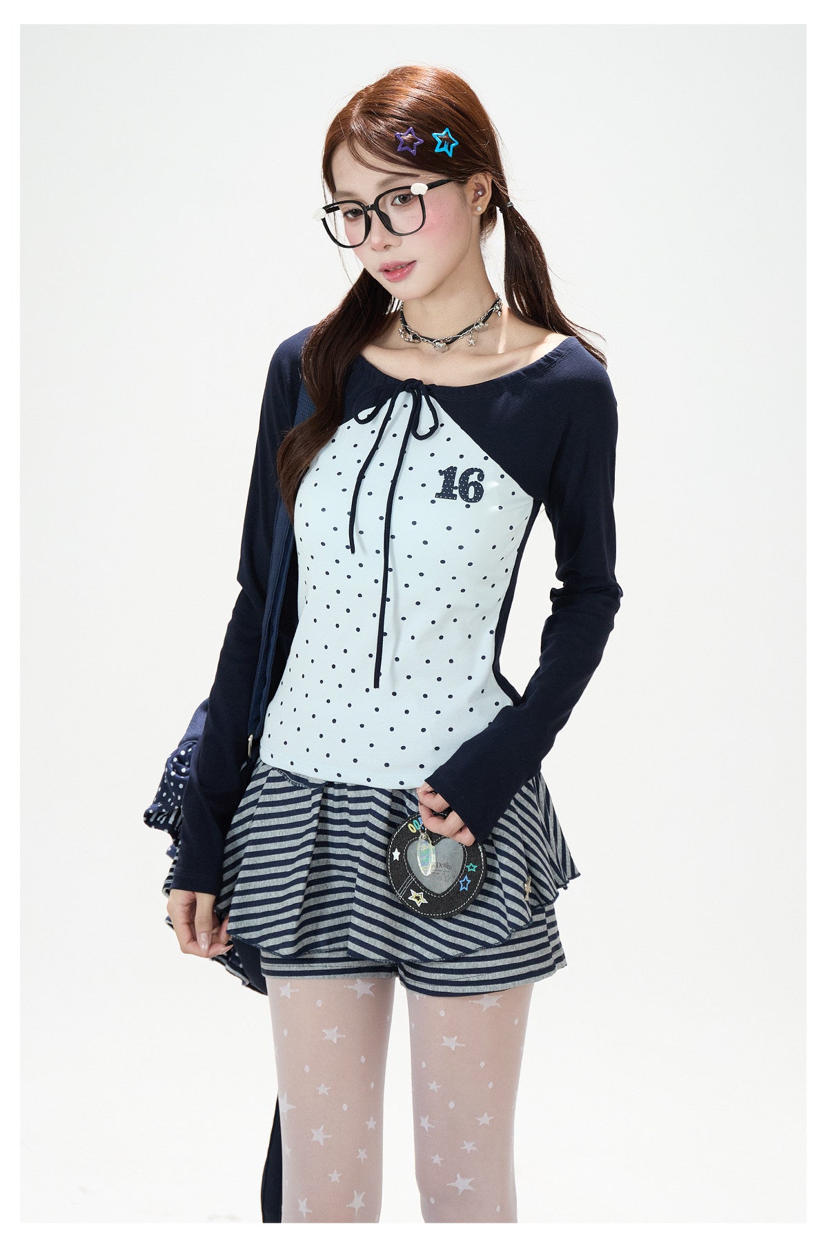 Polka-Dot Tie-Front Off-Shoulder Long Sleeve Top & Royal Blue Stripe Ruffle Mini Skirt