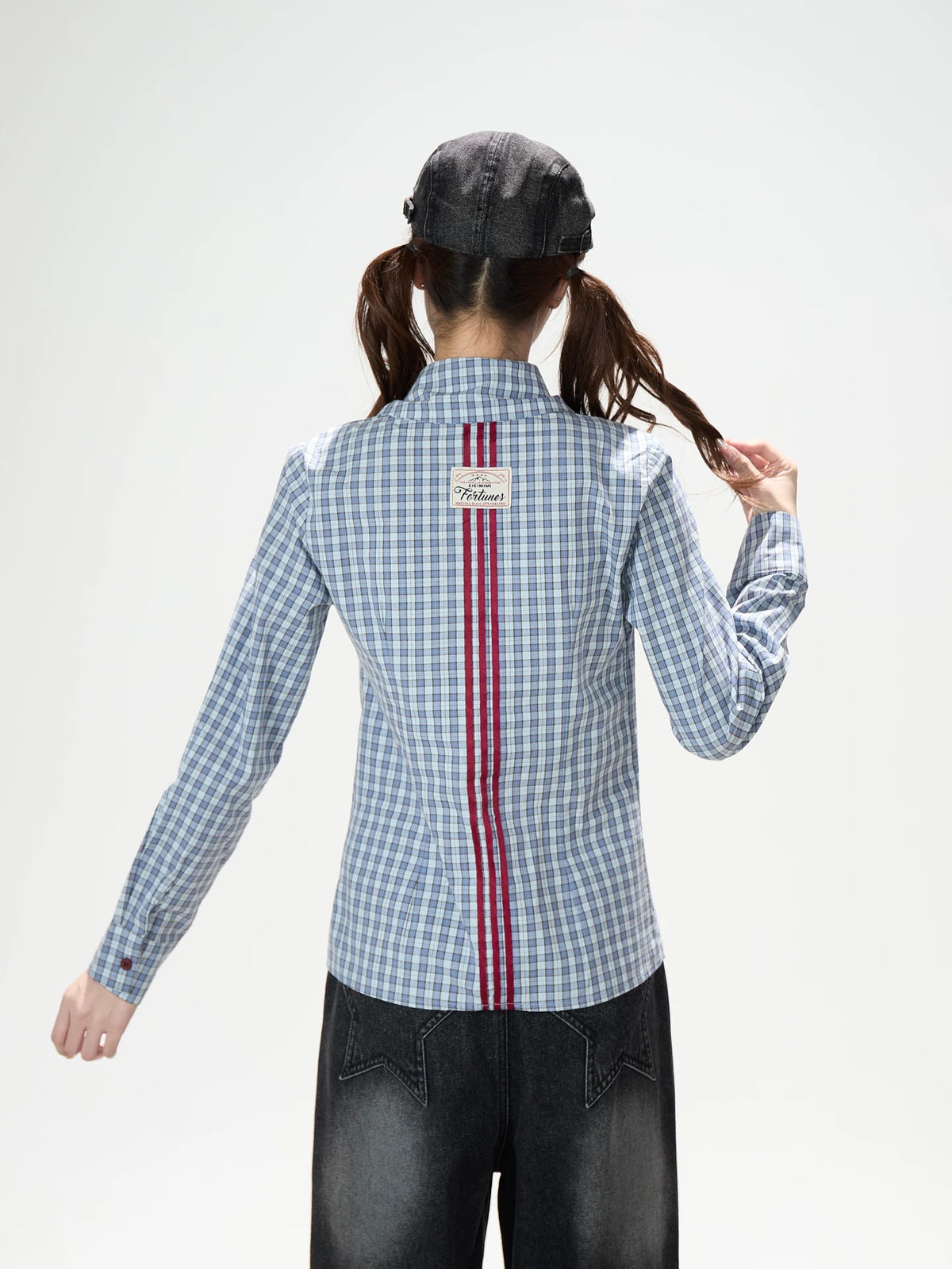 Blue Check Asymmetrical Shirt & Washed Wide-Leg Pants
