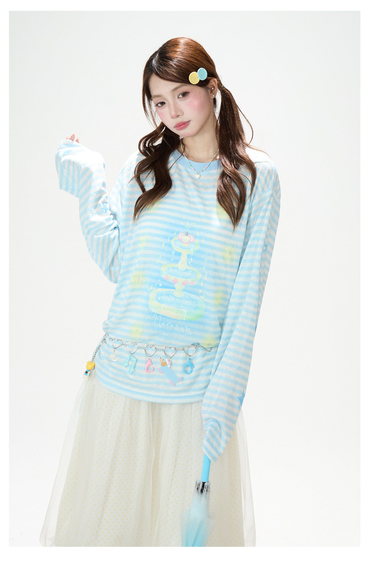 Pastel Stripe Cartoon Drawstring Long Sleeve Top & Khaki Wide-Leg Pants