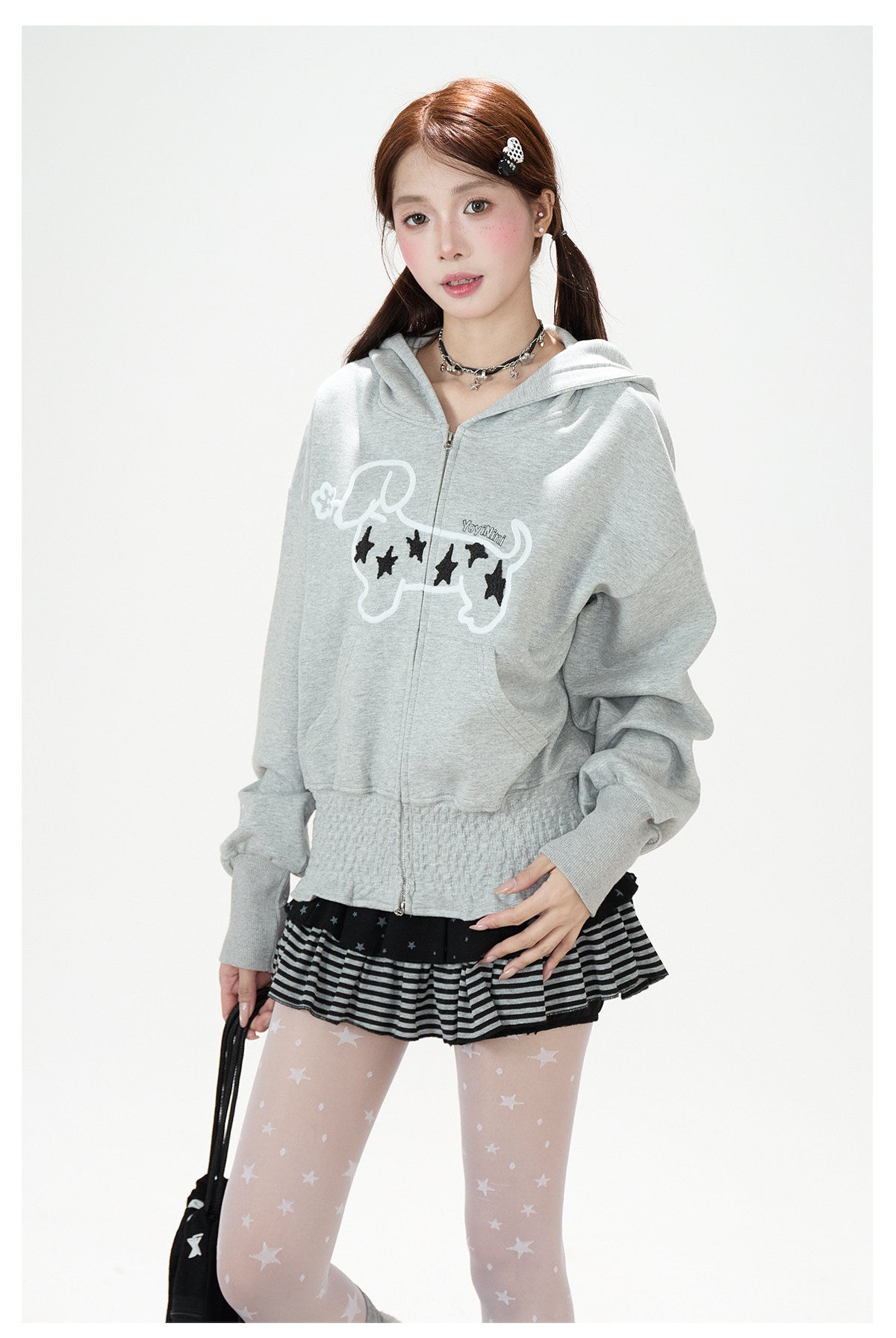 Star Puppy Zip-Up Hoodie & Black Stripe Ruffle Mini Skirt