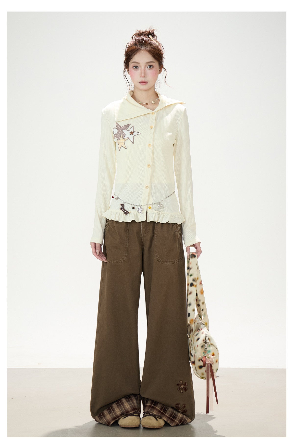 Star Patch Ruffle-Hem Collared Cardigan & Brown Plaid-Cuff Wide-Leg Pants