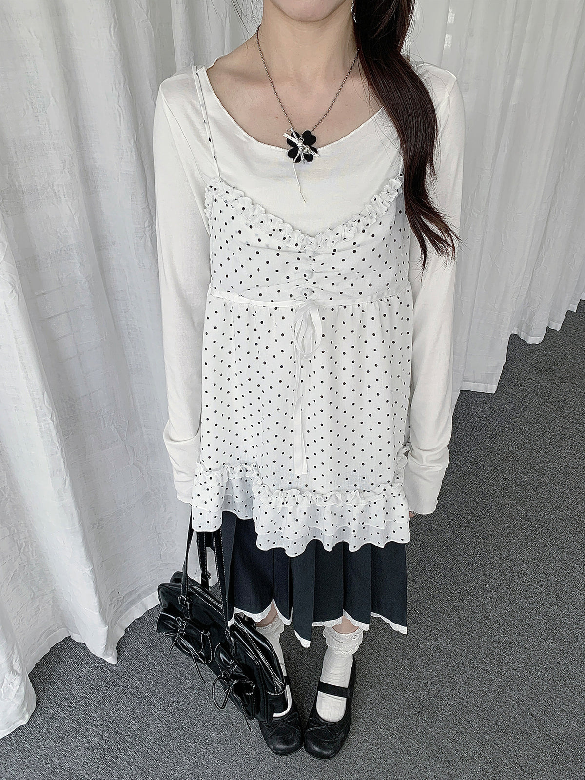 Polka Dot Lace Cami & Long Sleeve Two-Piece Set