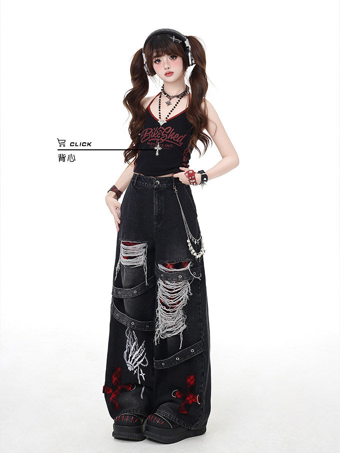 Skeleton Hand Distressed Strap Wide-Leg Jeans