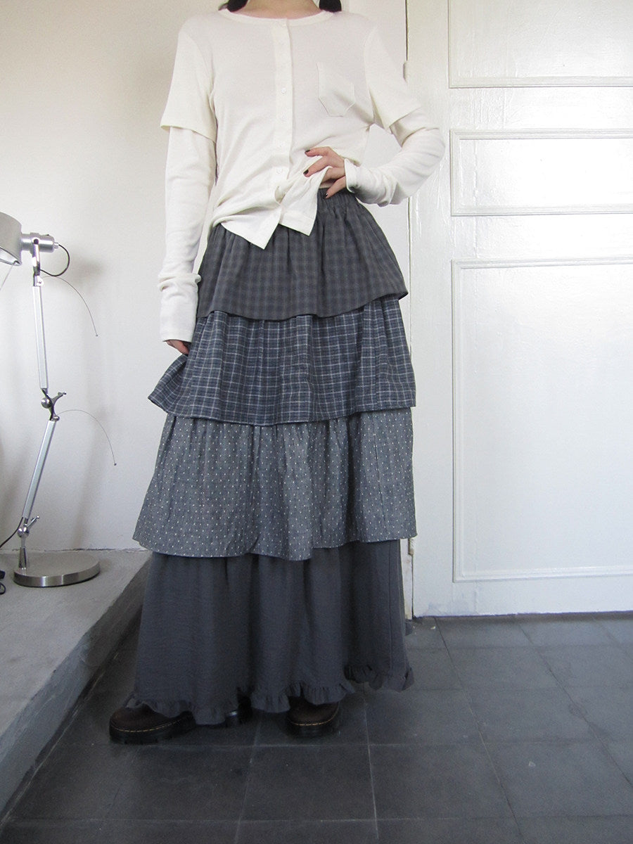 Layered Plaid & Polka Dot Tiered Maxi Skirt
