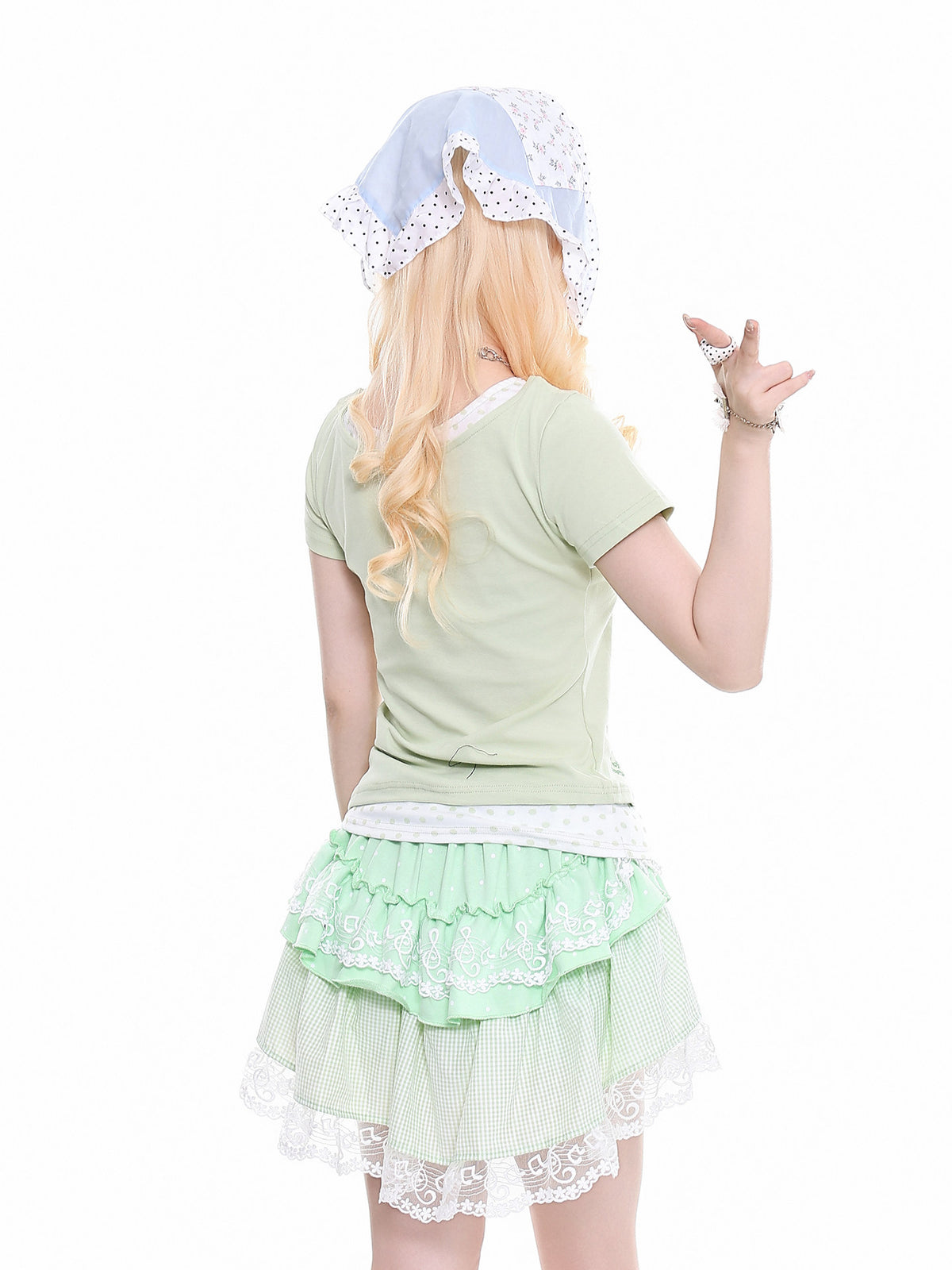 Polka Dot Faux Layered Graphic Tee & Music Lace Gingham Mini Skirt