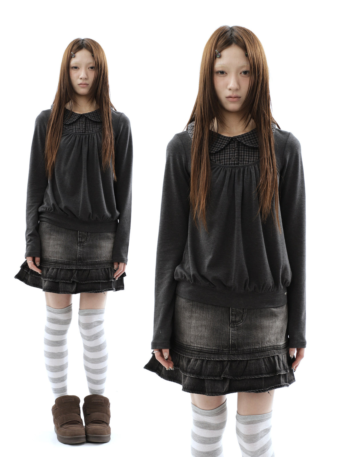 Plaid Collar Gathered Layered Long Sleeve Top